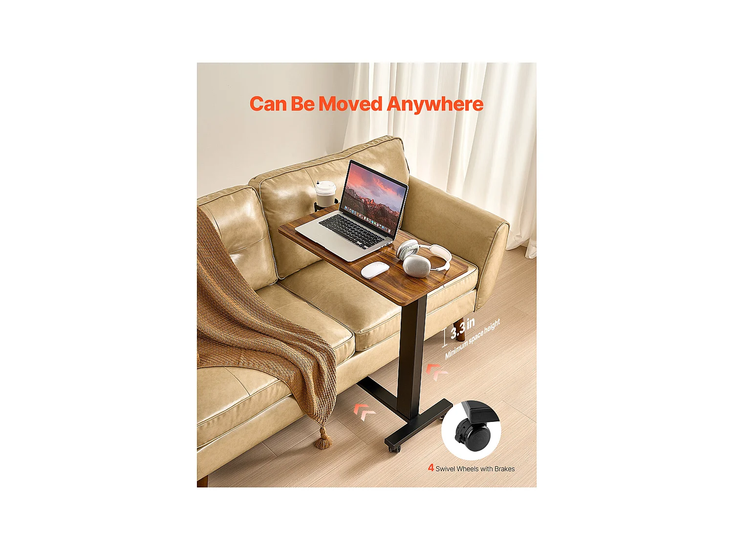 Mobiele Bedtafel SucceBuy, Bijzettafel met 4 Wieltjes, Elektrisch Verstelbaar, In Hoogte Verstelbaar, Bekerhouder, voor Thuis en op Kantoor, Hout en Zwart