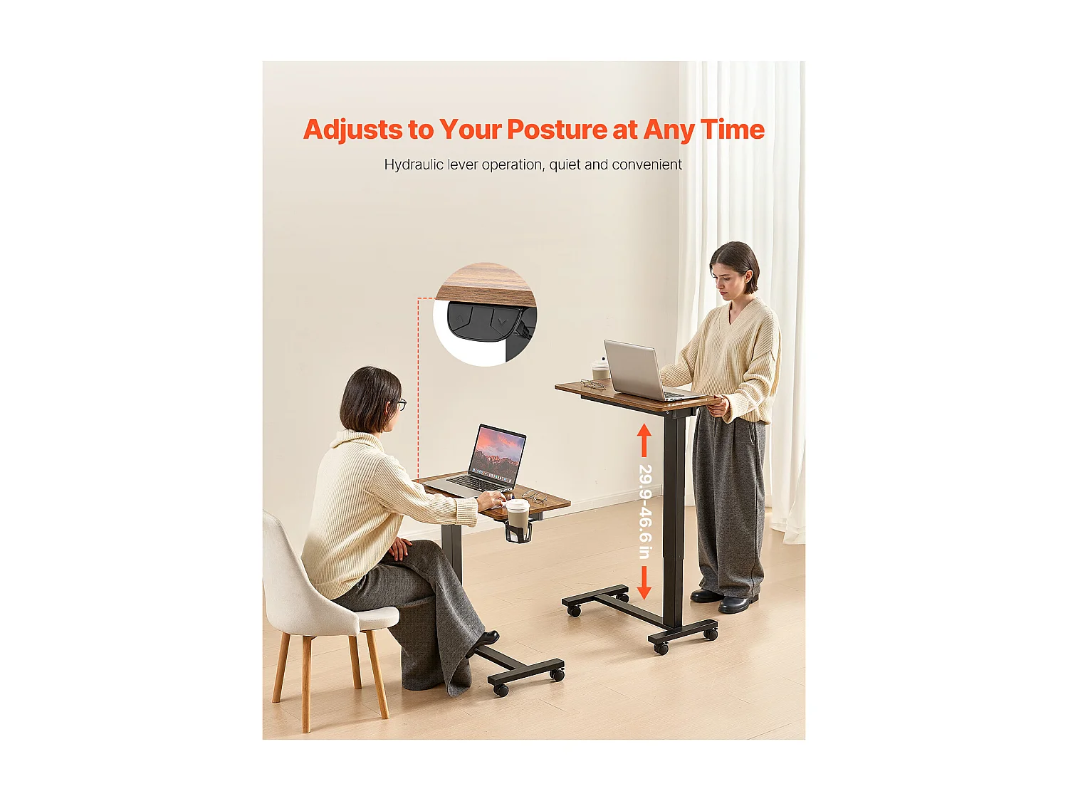 Table de Lit Mobile SucceBuy, Table d'Appoint à 4 Roulettes, Levage Électrique, Hauteur Réglable, Porte-Gobelet, pour Maison et Bureau, Bois et Noir