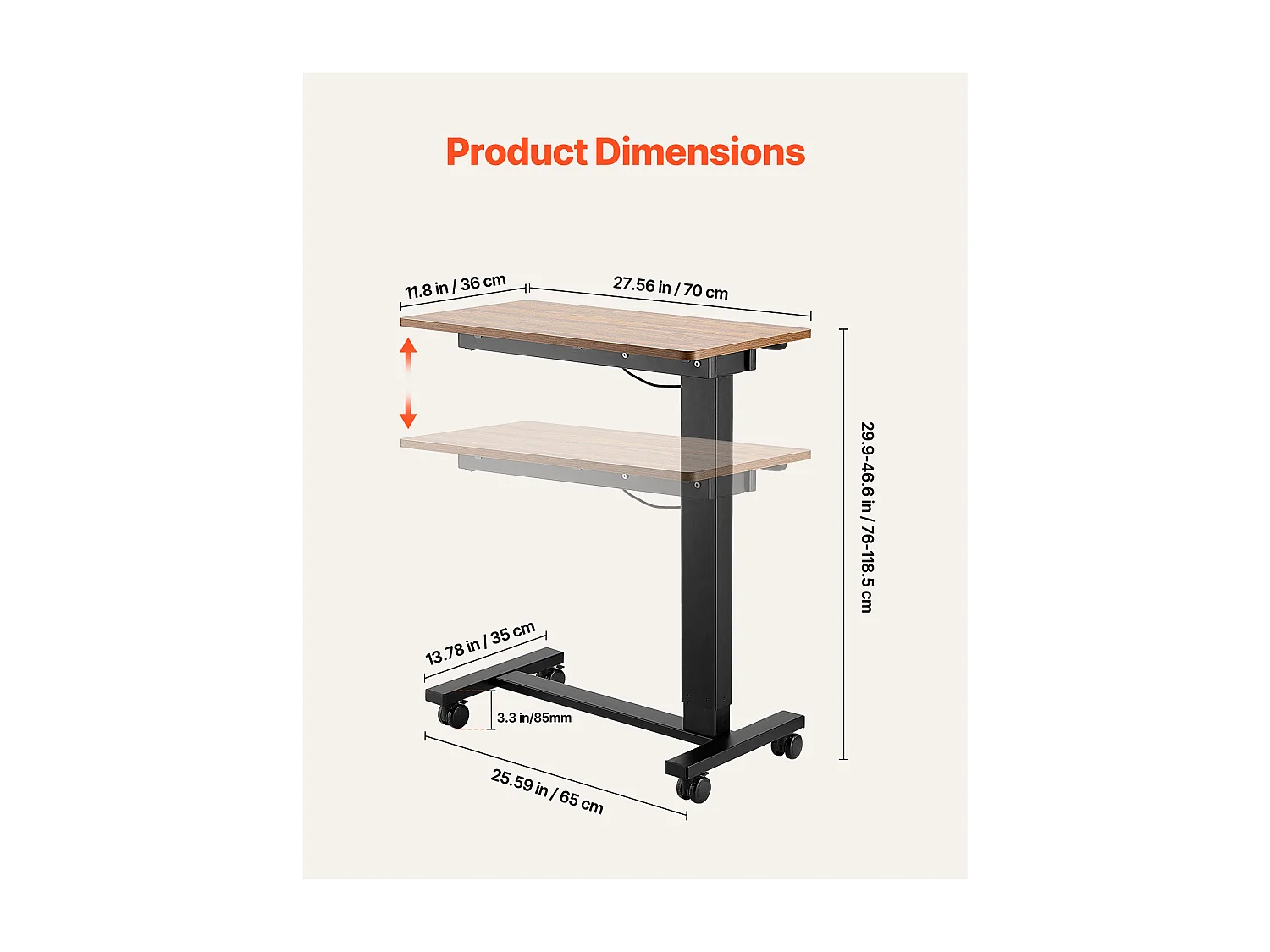 Table de Lit Mobile SucceBuy, Table d'Appoint à 4 Roulettes, Levage Électrique, Hauteur Réglable, Porte-Gobelet, pour Maison et Bureau, Bois et Noir