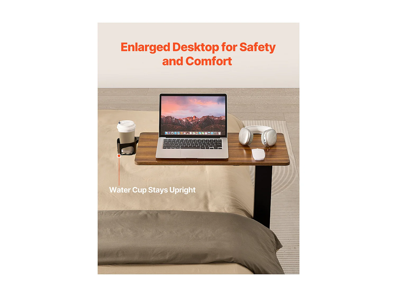 Table de Lit Mobile SucceBuy, Table d'Appoint à 4 Roulettes, Levage Électrique, Hauteur Réglable, Porte-Gobelet, pour Maison et Bureau, Bois et Noir