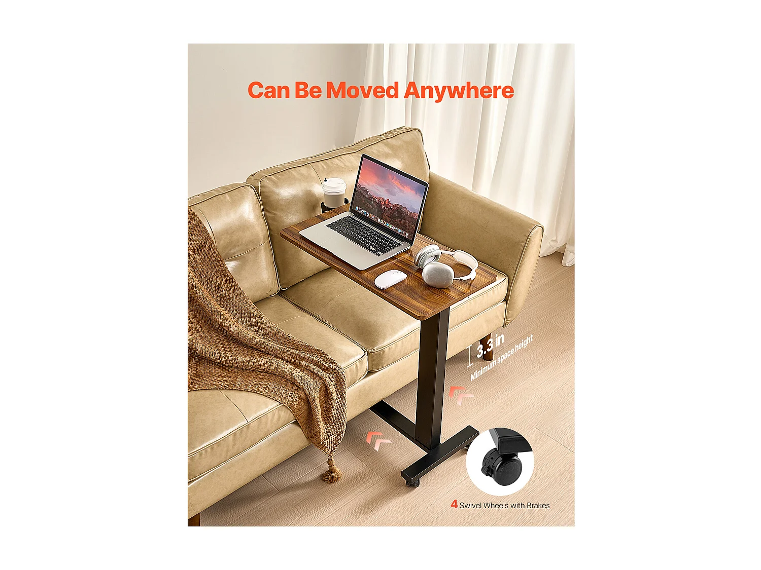 Table de Lit Mobile SucceBuy, Table d'Appoint à 4 Roulettes, Levage Électrique, Hauteur Réglable, Porte-Gobelet, pour Maison et Bureau, Bois et Noir