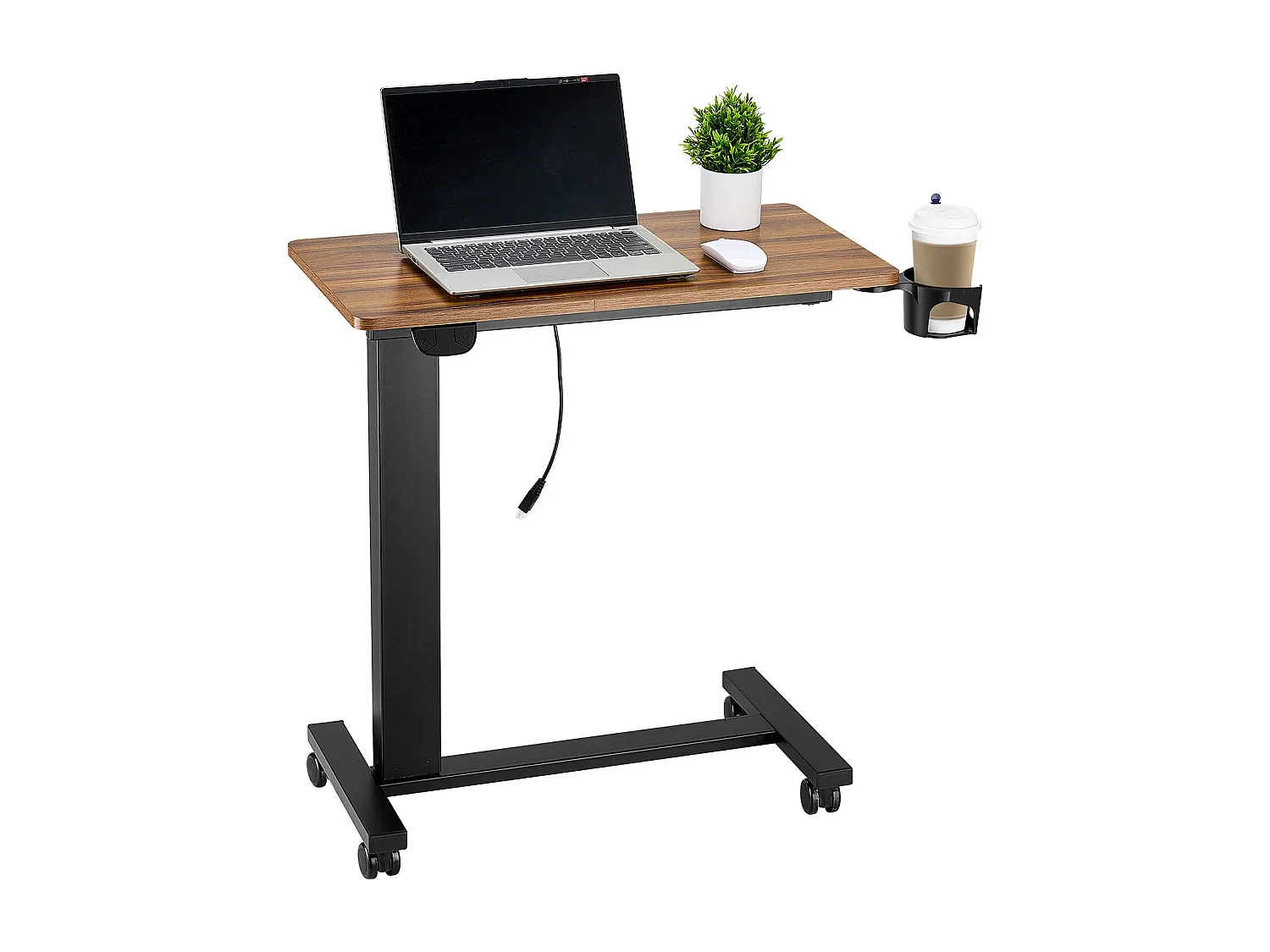Table de Lit Mobile SucceBuy, Table d'Appoint à 4 Roulettes, Levage Électrique, Hauteur Réglable, Porte-Gobelet, pour Maison et Bureau, Bois et Noir