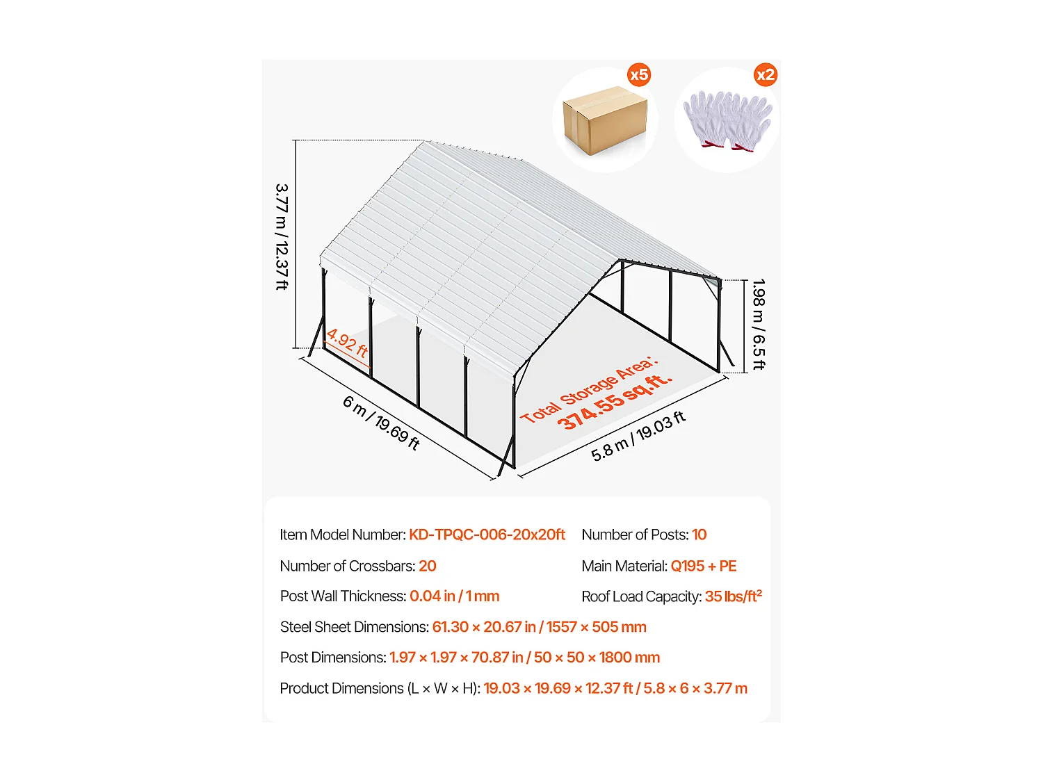 Carport SucceBuy, 5,8x6 m, Abri Voiture Métal Robuste, Cadre/Toit Acier, Parois Latérales Amovibles, Stockage Auto/Pick-up/Bateaux/Camions/Tracteurs