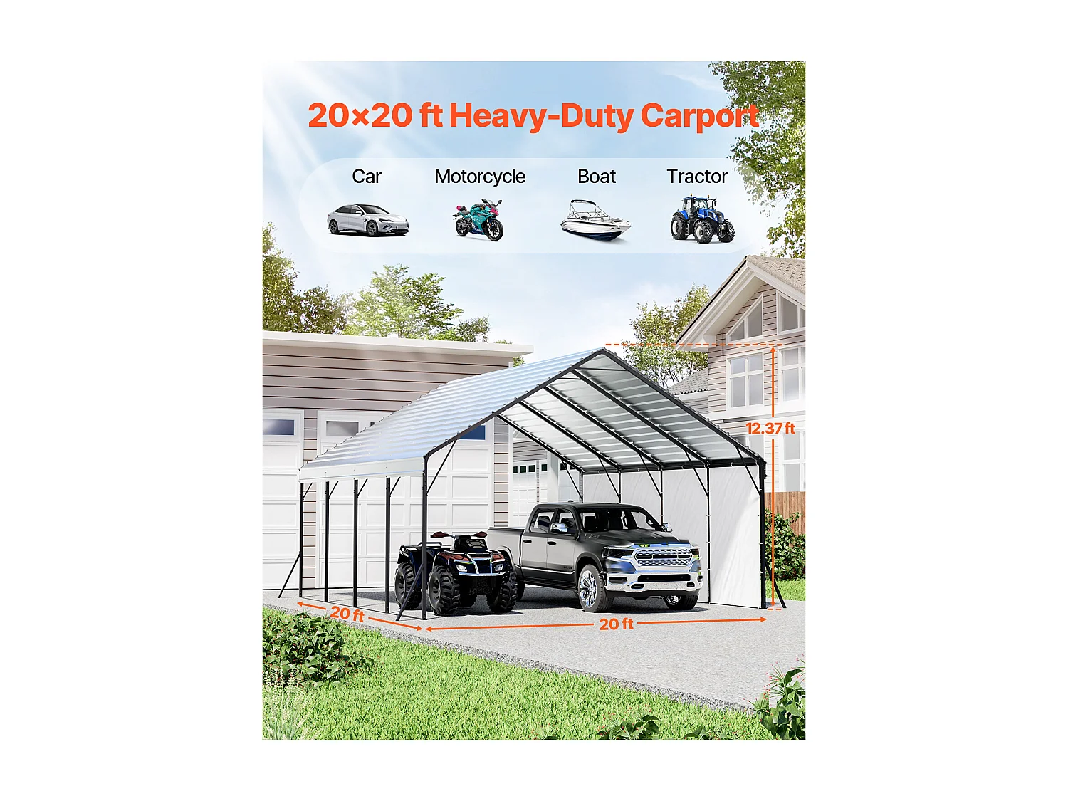 Carport SucceBuy, 5,8x6 m, Abri Voiture Métal Robuste, Cadre/Toit Acier, Parois Latérales Amovibles, Stockage Auto/Pick-up/Bateaux/Camions/Tracteurs