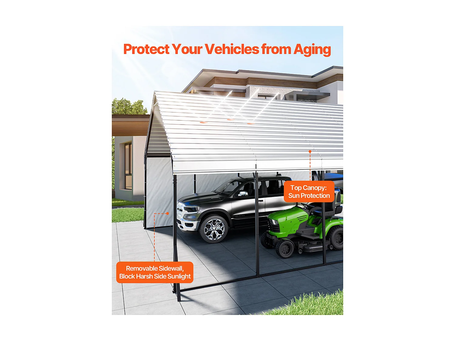 Carport SucceBuy, 5,8x6 m, Abri Voiture Métal Robuste, Cadre/Toit Acier, Parois Latérales Amovibles, Stockage Auto/Pick-up/Bateaux/Camions/Tracteurs