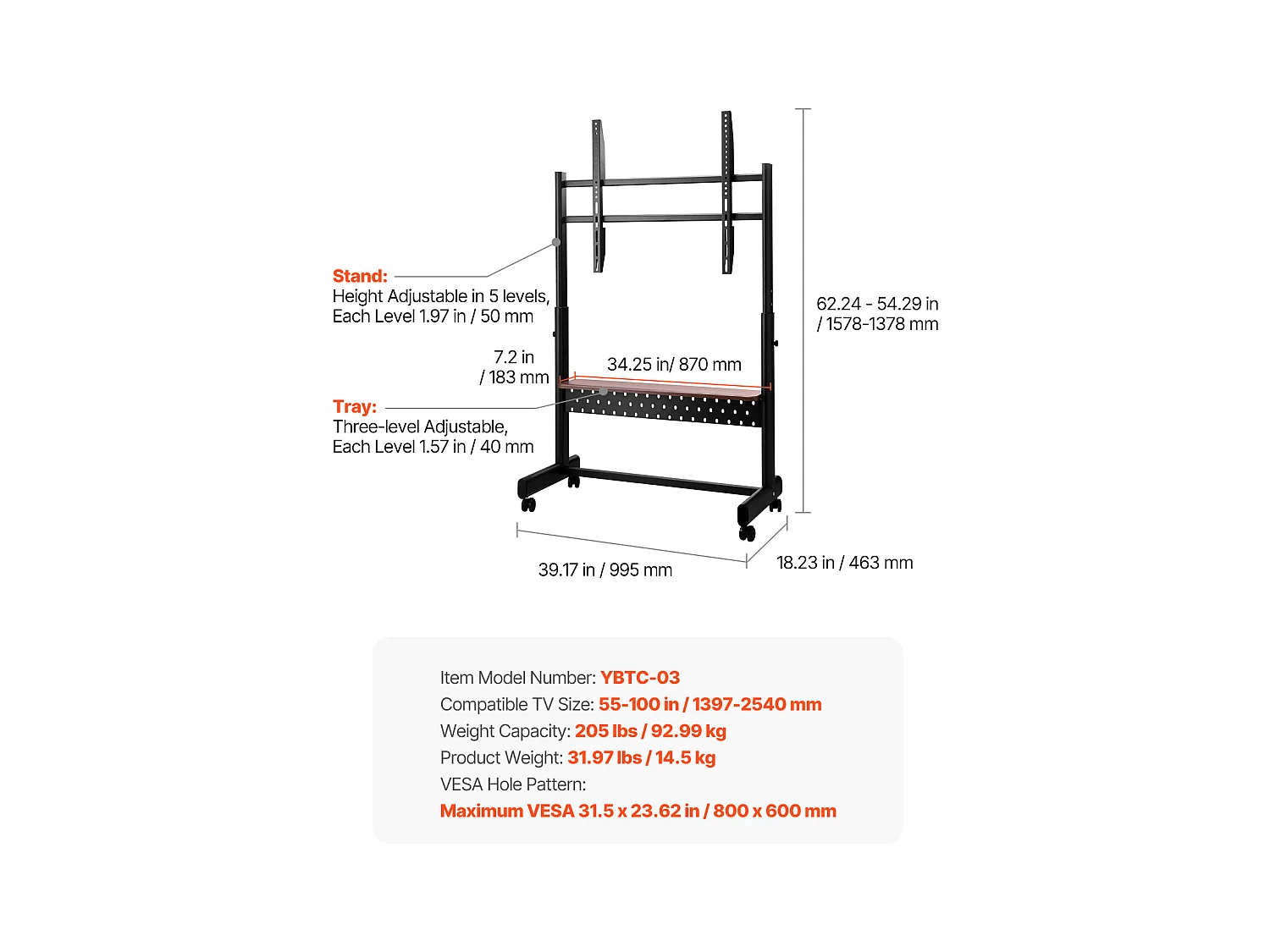 Support TV à Roulettes SucceBuy, pour Téléviseur/LED/LCD/OLED (139,7-254 cm), Chariot Portable, Hauteur Réglable, Jusqu'à 92,99 kg, VESA 80x60 cm, Salon/Extérieur