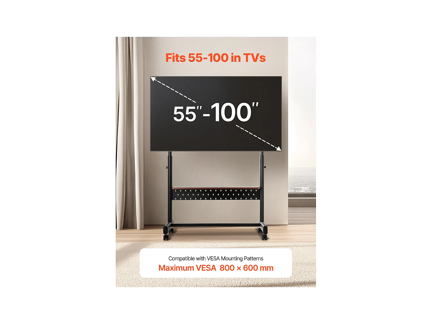 Support TV à Roulettes SucceBuy, pour Téléviseur/LED/LCD/OLED (139,7-254 cm), Chariot Portable, Hauteur Réglable, Jusqu'à 92,99 kg, VESA 80x60 cm, Salon/Extérieur