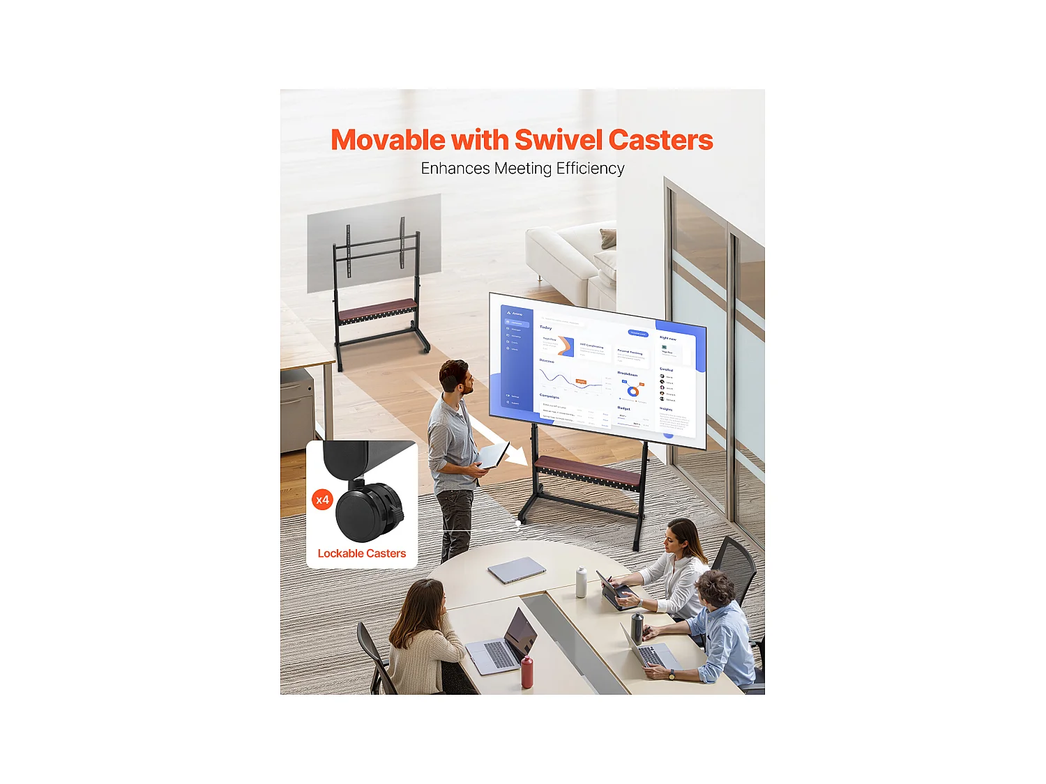 Support TV à Roulettes SucceBuy, pour Téléviseur/LED/LCD/OLED (139,7-254 cm), Chariot Portable, Hauteur Réglable, Jusqu'à 92,99 kg, VESA 80x60 cm, Salon/Extérieur