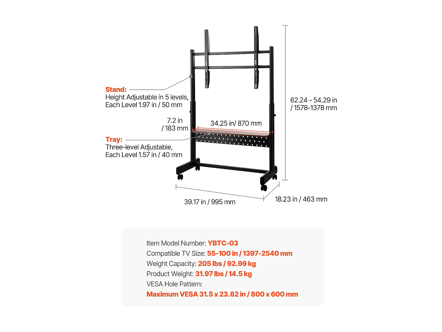 Support TV à Roulettes SucceBuy, pour Téléviseur/LED/LCD/OLED (139,7-254 cm), Chariot Portable, Hauteur Réglable, Jusqu'à 92,99 kg, VESA 80x60 cm, Salon/Extérieur