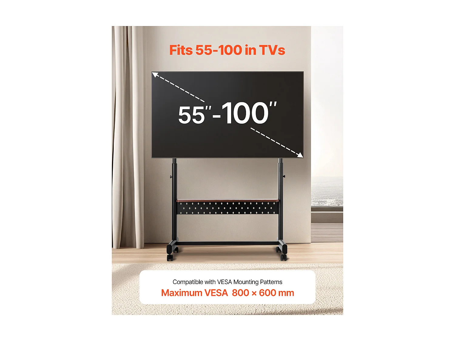 Support TV à Roulettes SucceBuy, pour Téléviseur/LED/LCD/OLED (139,7-254 cm), Chariot Portable, Hauteur Réglable, Jusqu'à 92,99 kg, VESA 80x60 cm, Salon/Extérieur