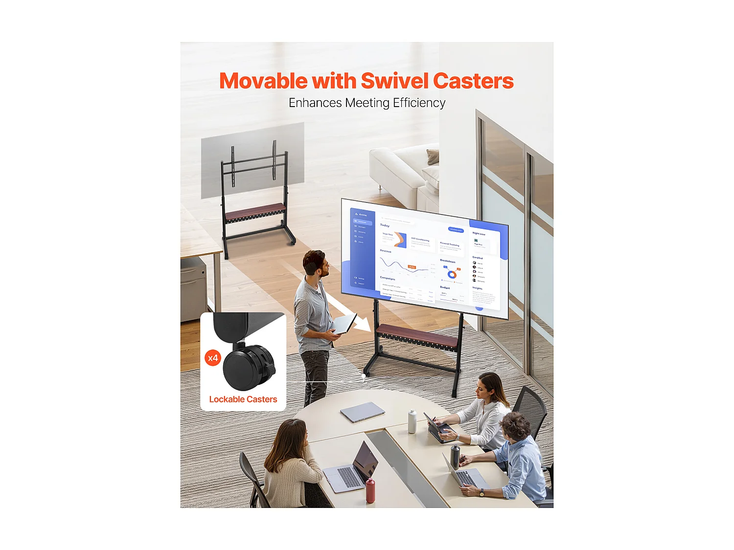 Support TV à Roulettes SucceBuy, pour Téléviseur/LED/LCD/OLED (139,7-254 cm), Chariot Portable, Hauteur Réglable, Jusqu'à 92,99 kg, VESA 80x60 cm, Salon/Extérieur