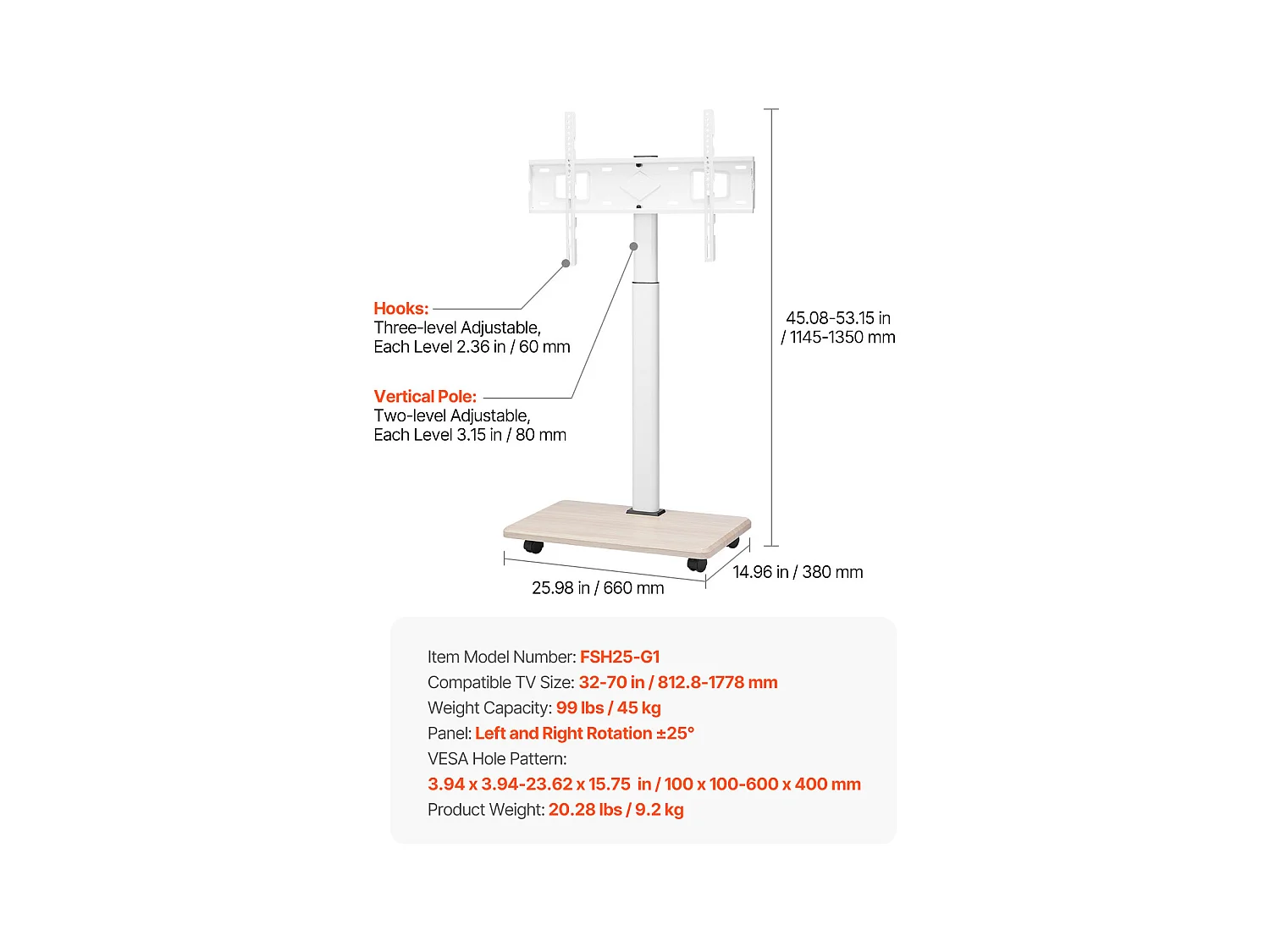 Support TV à Roulettes SucceBuy, Écrans 812,8-1778 mm, Chariot Mobile, Rotation 25°, Hauteur Réglable, 40 kg, VESA 60 x 40 cm, Salon/Bureau/Extérieur