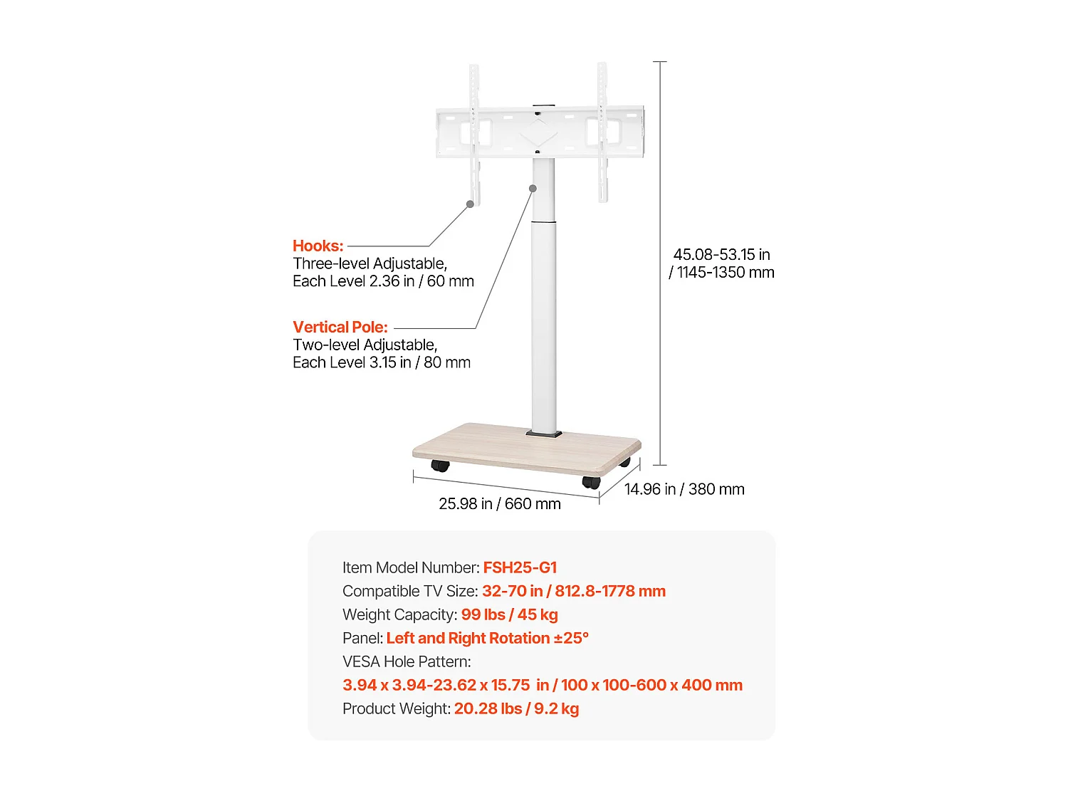 Support TV à Roulettes SucceBuy, Écrans 812,8-1778 mm, Chariot Mobile, Rotation 25°, Hauteur Réglable, 40 kg, VESA 60 x 40 cm, Salon/Bureau/Extérieur