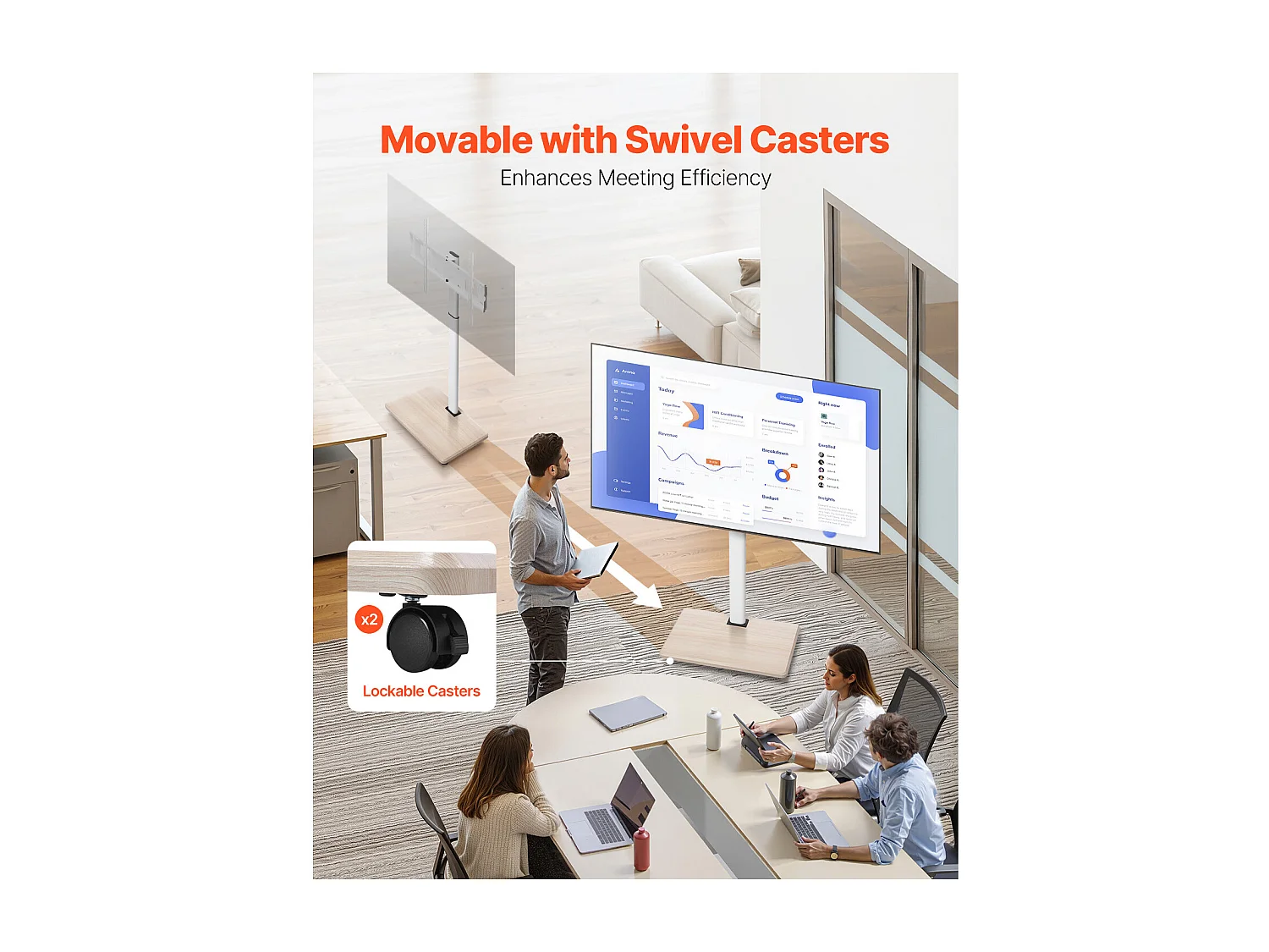 Support TV à Roulettes SucceBuy, Écrans 812,8-1778 mm, Chariot Mobile, Rotation 25°, Hauteur Réglable, 40 kg, VESA 60 x 40 cm, Salon/Bureau/Extérieur