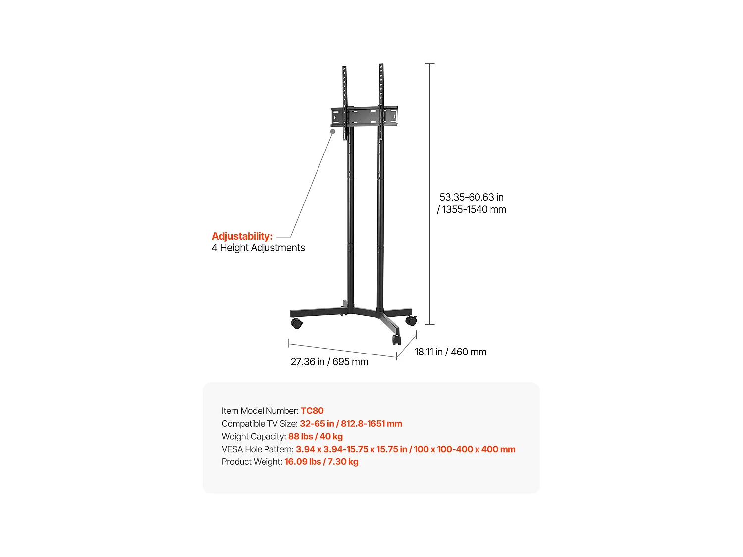 Support TV à Roulettes SucceBuy, pour Téléviseurs/LED/LCD/OLED (81,3-165,1 cm), Chariot Mobile, 40 kg, Pied Portable, VESA 40 x 40 cm, Salon/Bureau/Extérieur