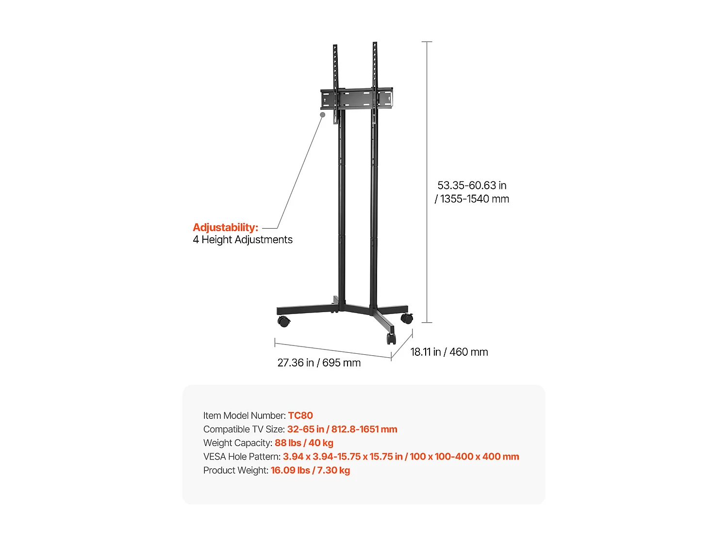 Supporto TV con Rotelle SucceBuy, per Televisori/LED/LCD/OLED (81,3-165,1 cm), Carrello Mobile, 40 kg, Piedistallo Portatile, VESA 40 x 40 cm, Soggiorno/Esterno