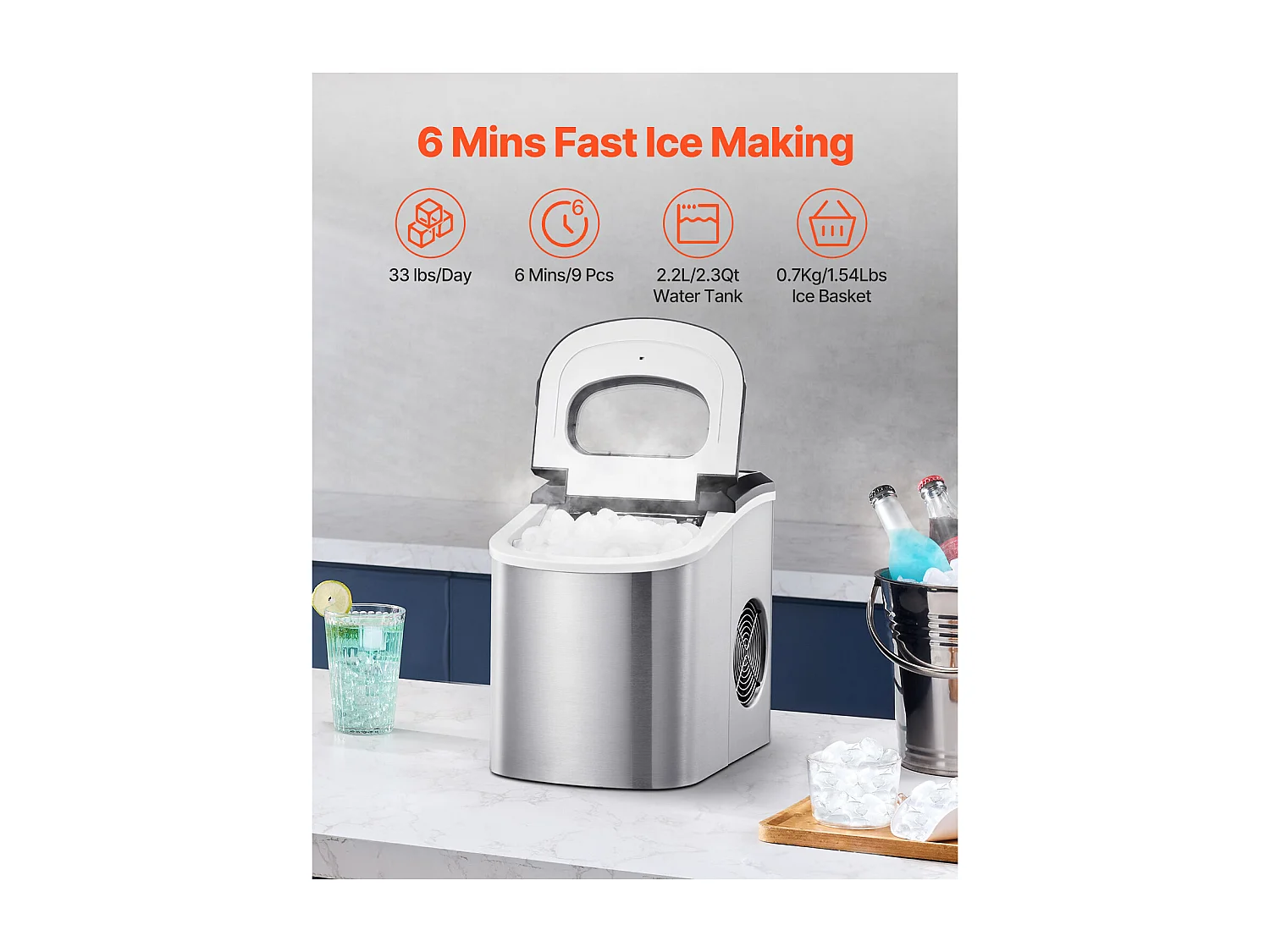 Tisch-Eismaschine SucceBuy, 15 kg/24 h, 9 Eiswürfel in 6 Min., Selbstreinigend, Schaufel/Korb, Bar/Büro/Küche/Haushalt