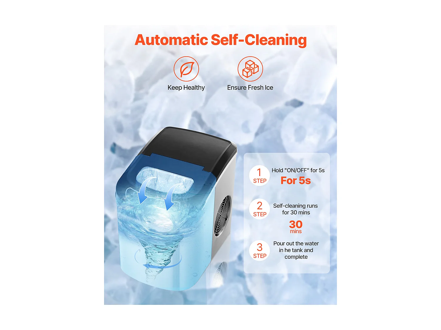 Tisch-Eismaschine SucceBuy, 15 kg/24 h, 9 Eiswürfel in 6 Min., Selbstreinigend, Schaufel/Korb, Bar/Büro/Küche/Haushalt