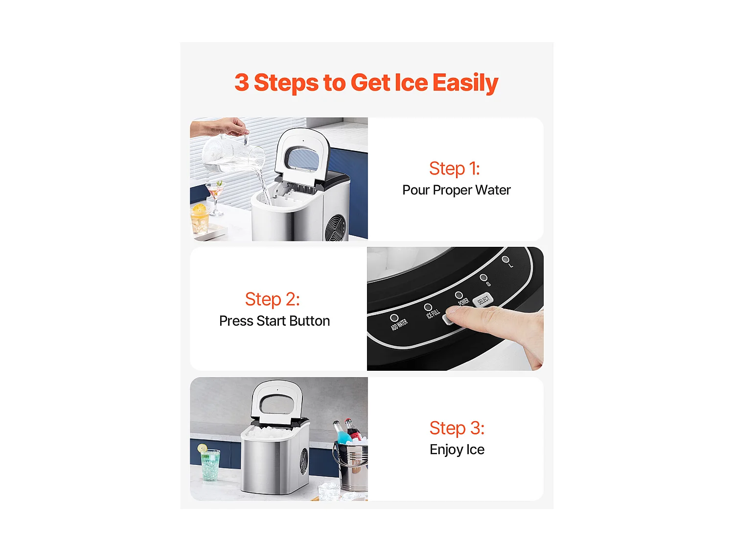 Tisch-Eismaschine SucceBuy, 15 kg/24 h, 9 Eiswürfel in 6 Min., Selbstreinigend, Schaufel/Korb, Bar/Büro/Küche/Haushalt