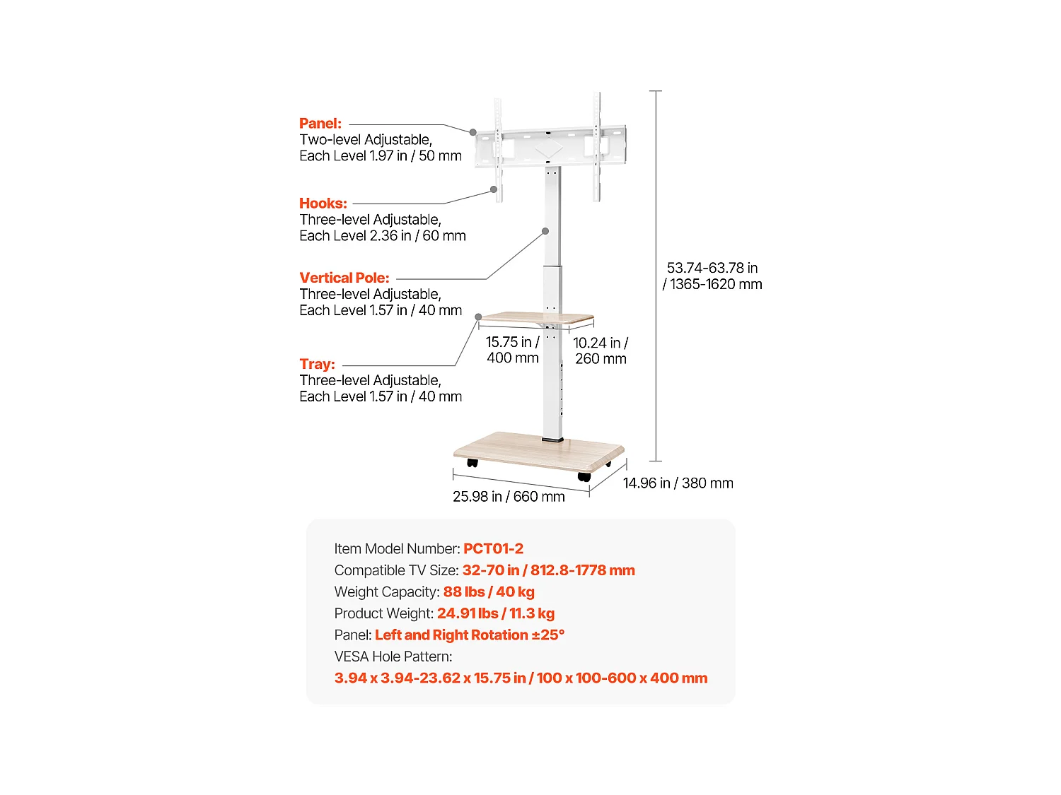 Support TV à Roulettes SucceBuy, Écrans 81,2,8-177,8 cm, Chariot Mobile, Rotation 25°, Hauteur Réglable, 40 kg, VESA 60 x 40 cm, Chambre/Extérieur