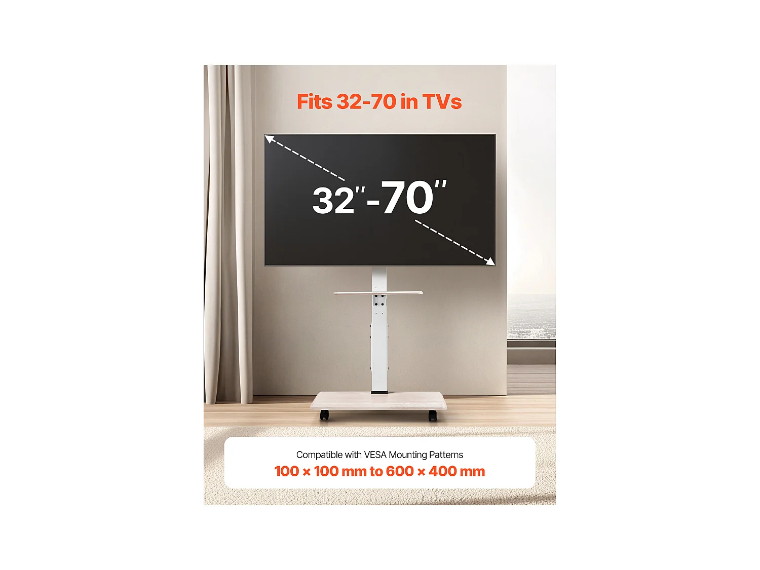 Support TV à Roulettes SucceBuy, Écrans 81,2,8-177,8 cm, Chariot Mobile, Rotation 25°, Hauteur Réglable, 40 kg, VESA 60 x 40 cm, Chambre/Extérieur