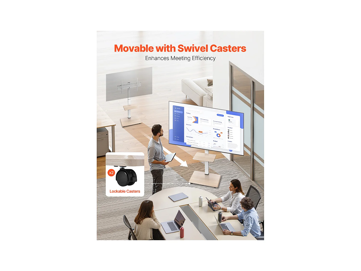 Support TV à Roulettes SucceBuy, Écrans 81,2,8-177,8 cm, Chariot Mobile, Rotation 25°, Hauteur Réglable, 40 kg, VESA 60 x 40 cm, Chambre/Extérieur