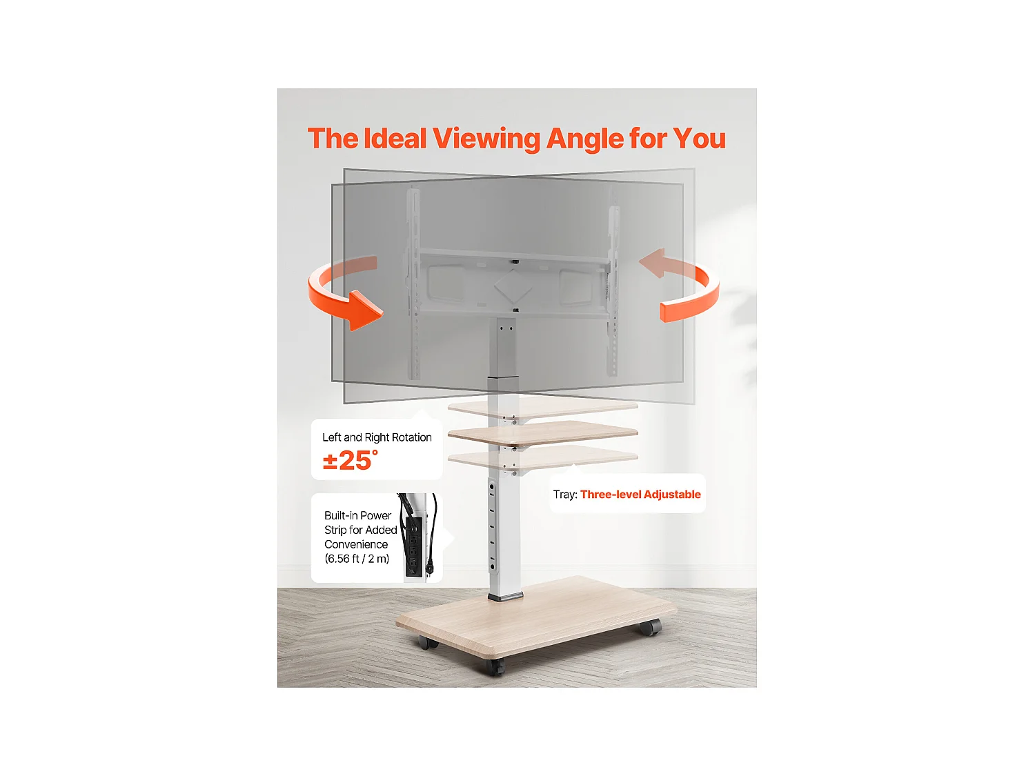 Support TV à Roulettes SucceBuy, Écrans 81,2,8-177,8 cm, Chariot Mobile, Rotation 25°, Hauteur Réglable, 40 kg, VESA 60 x 40 cm, Chambre/Extérieur