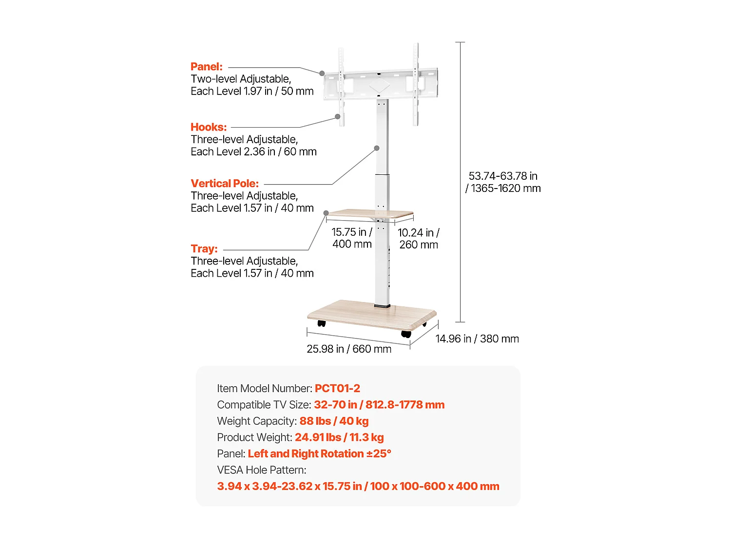 Soporte para TV con Ruedas SucceBuy, Pantallas de 81,2,8-177,8 cm, Carro Móvil, Rotación de 25°, Altura Ajustable, 40 kg, VESA 60 x 40 cm, Dormitorio/Exterior