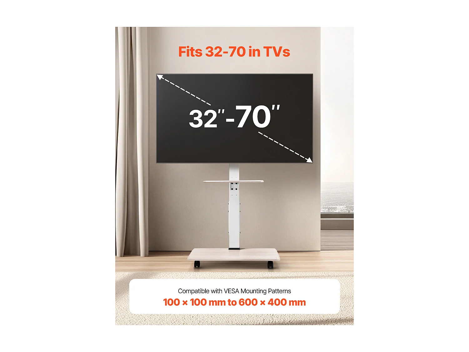 Soporte para TV con Ruedas SucceBuy, Pantallas de 81,2,8-177,8 cm, Carro Móvil, Rotación de 25°, Altura Ajustable, 40 kg, VESA 60 x 40 cm, Dormitorio/Exterior