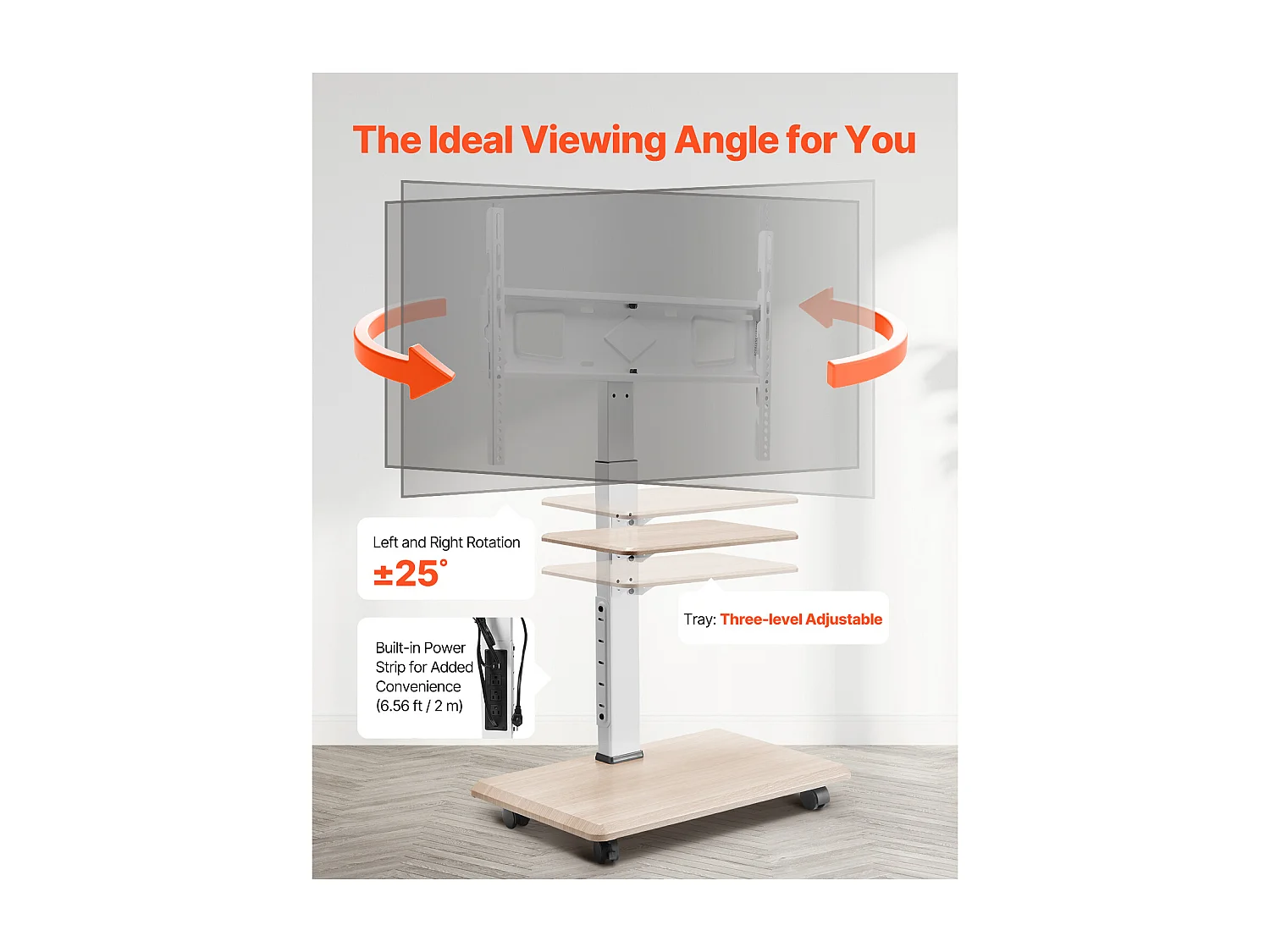 Soporte para TV con Ruedas SucceBuy, Pantallas de 81,2,8-177,8 cm, Carro Móvil, Rotación de 25°, Altura Ajustable, 40 kg, VESA 60 x 40 cm, Dormitorio/Exterior