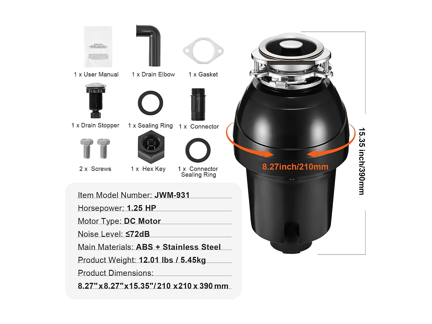 Triturador de Residuos SucceBuy para Fregadero de Cocina, 1,25 CV, Sistema de Trituración de Residuos de Alimentos, Instalación Fácil, 4060 rpm