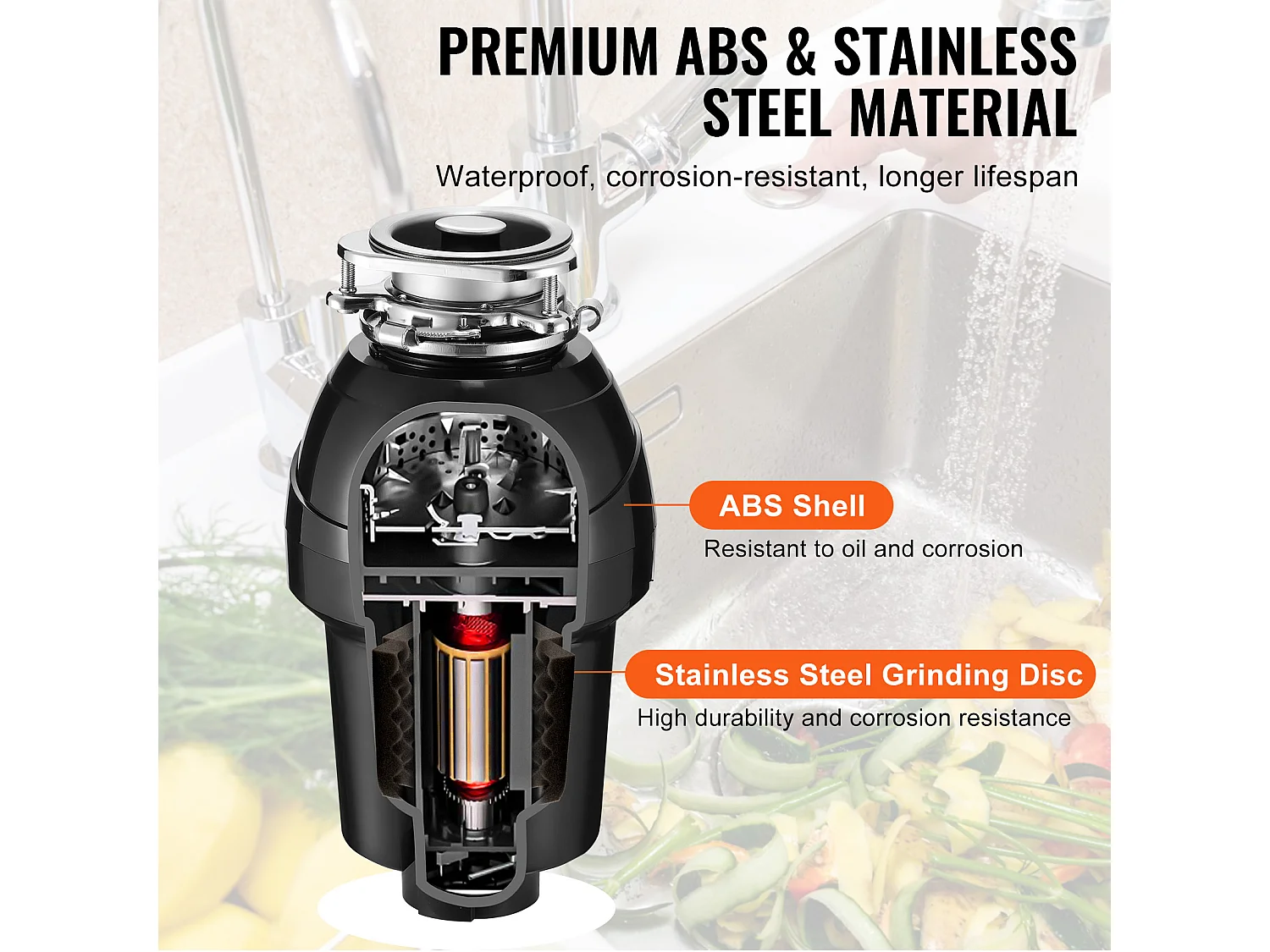 Triturador de Residuos SucceBuy para Fregadero de Cocina, 1,25 CV, Sistema de Trituración de Residuos de Alimentos, Instalación Fácil, 4060 rpm