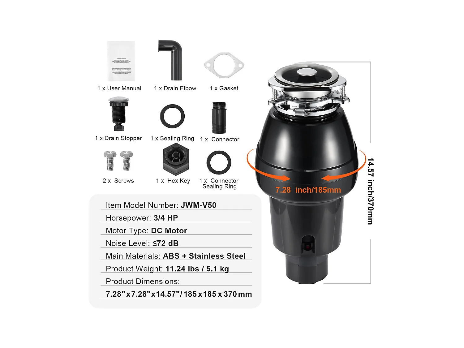 Młynek do Odpadów SucceBuy do Zlewu Kuchennego, 3/4 KM, System Mielenia Odpadów Spożywczych, 3600 obr/min, z Kablem Zasilającym