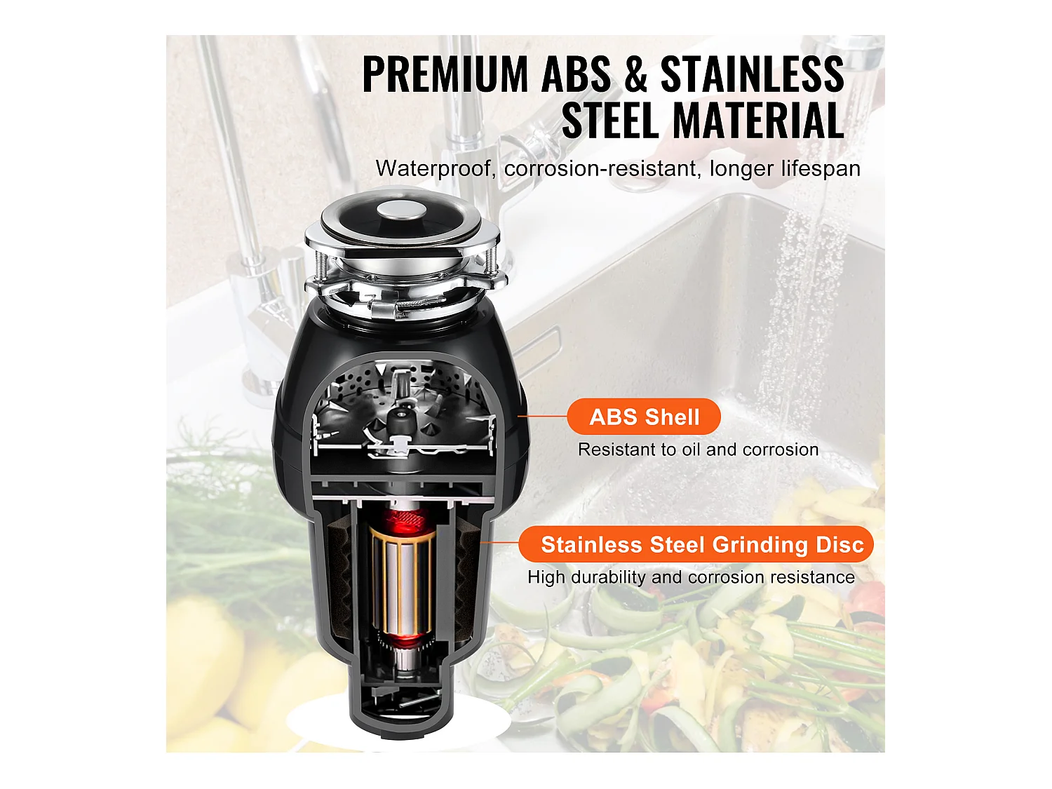 Młynek do Odpadów SucceBuy do Zlewu Kuchennego, 3/4 KM, System Mielenia Odpadów Spożywczych, 3600 obr/min, z Kablem Zasilającym