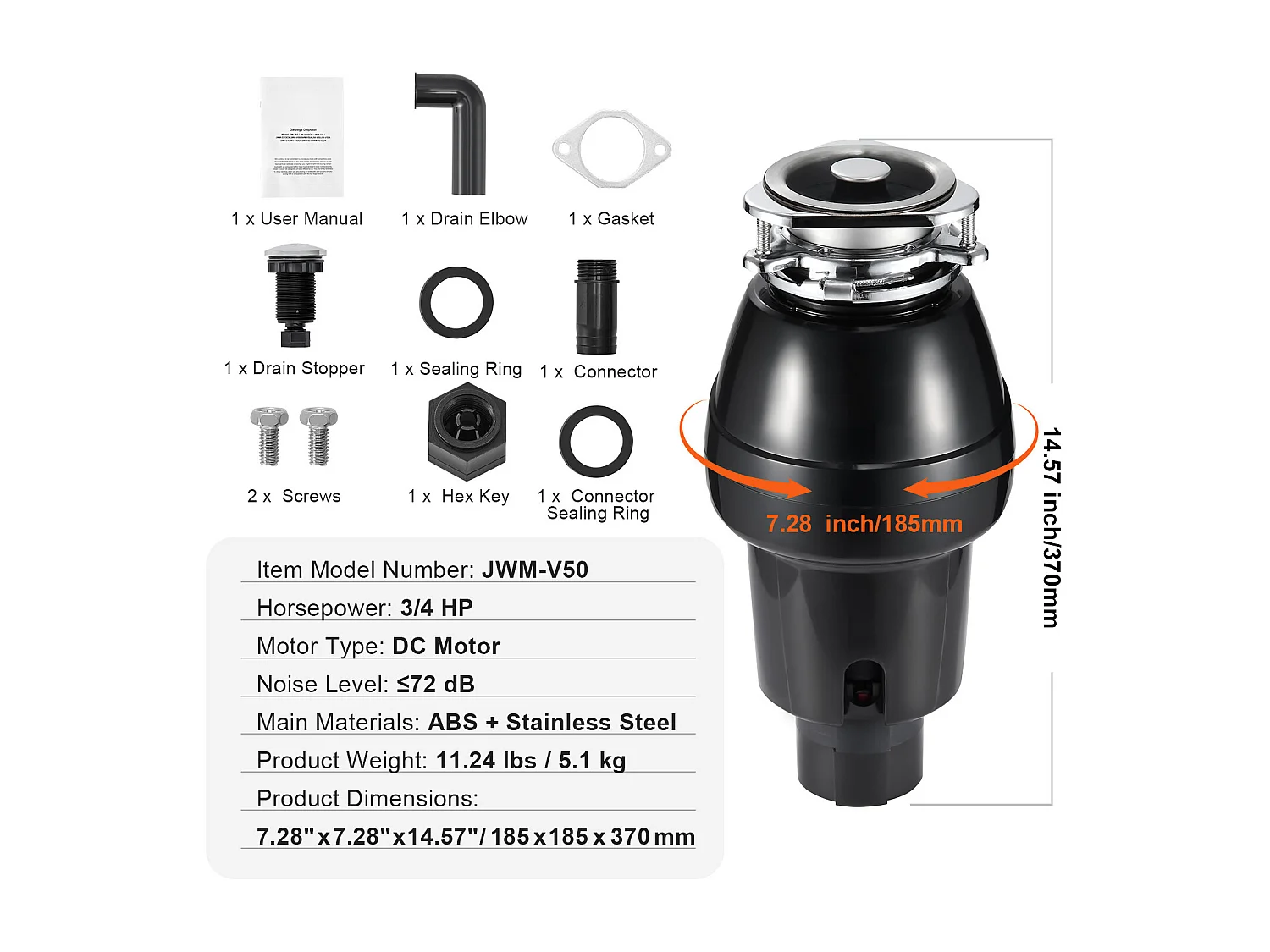 Broyeur de Déchets SucceBuy pour Évier de Cuisine, 3/4 CV, Système de Broyage des Déchets Alimentaires, 3600 tr/min, avec Câble d'Alimentation