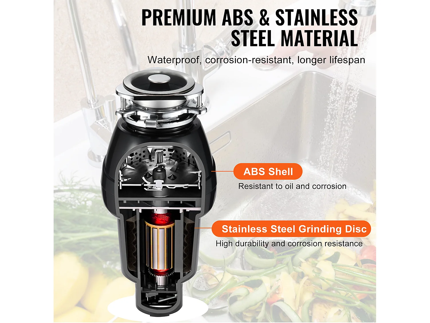 Broyeur de Déchets SucceBuy pour Évier de Cuisine, 3/4 CV, Système de Broyage des Déchets Alimentaires, 3600 tr/min, avec Câble d'Alimentation