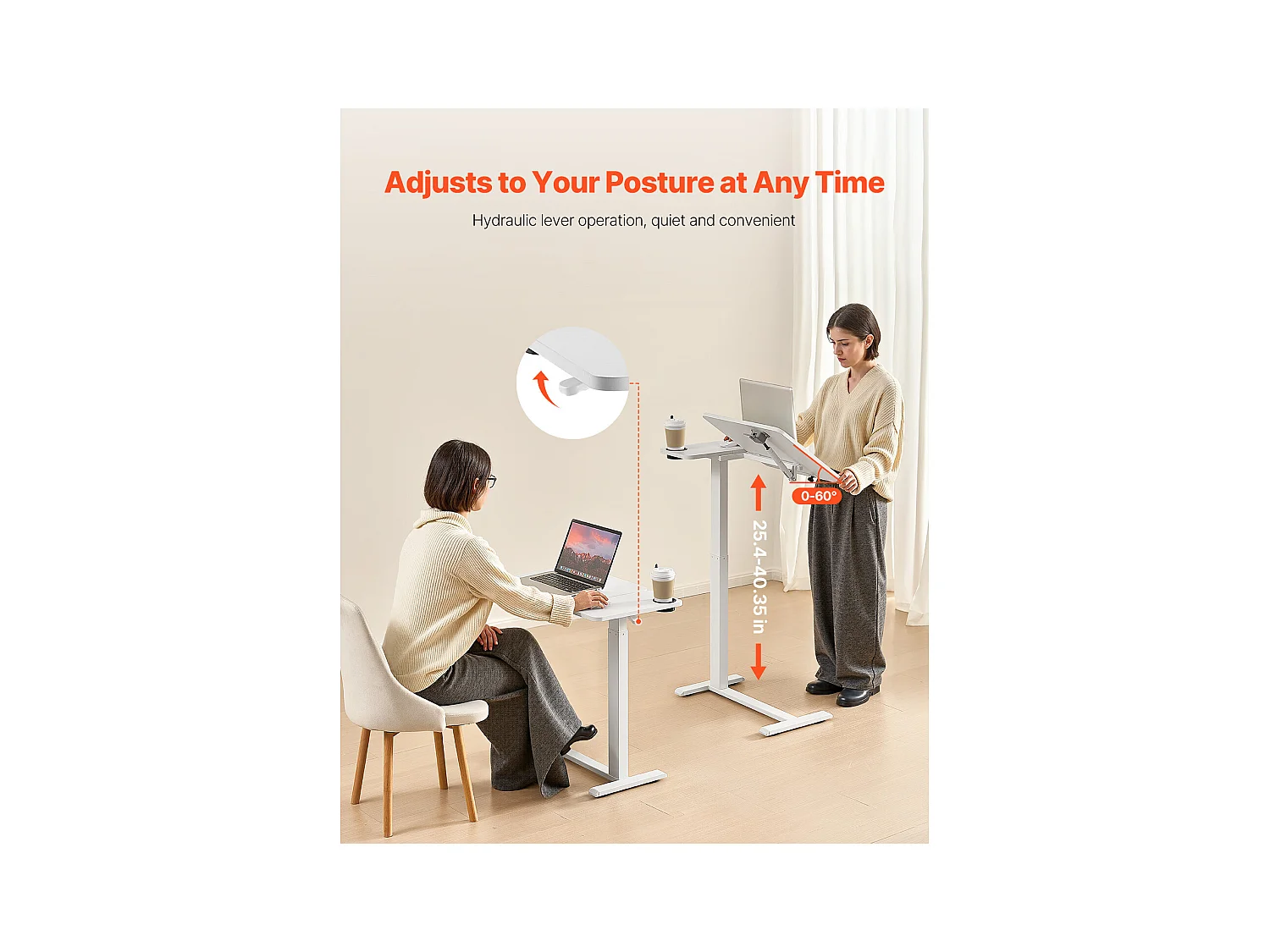 Mobiele Bedtafel SucceBuy, 4 Verborgen Wieltjes, Neerklapbaar Blad, In Hoogte Verstelbaar, Bekerhouder, voor Thuis en op Kantoor, Hout en Wit