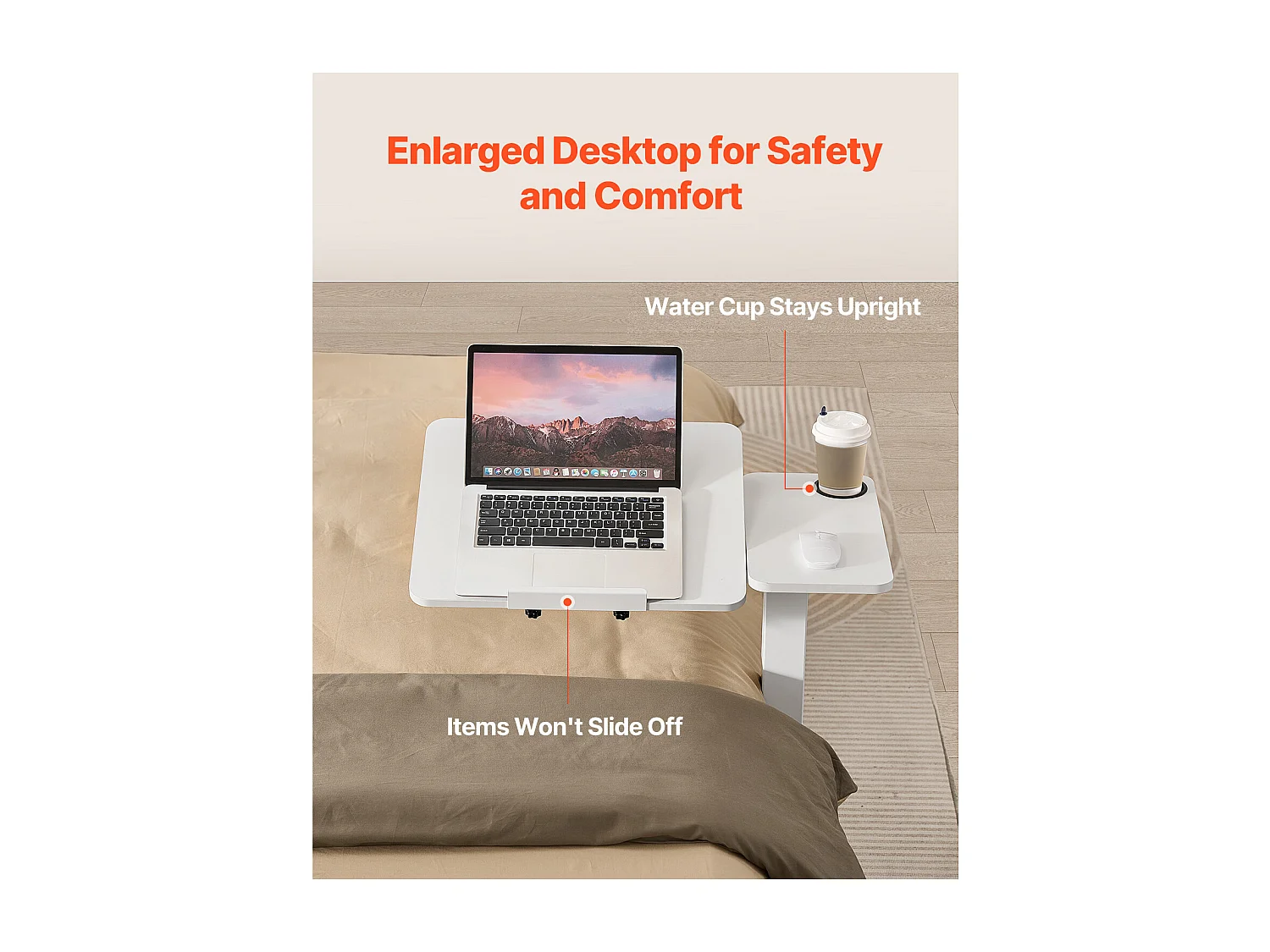 Mobiele Bedtafel SucceBuy, 4 Verborgen Wieltjes, Neerklapbaar Blad, In Hoogte Verstelbaar, Bekerhouder, voor Thuis en op Kantoor, Hout en Wit