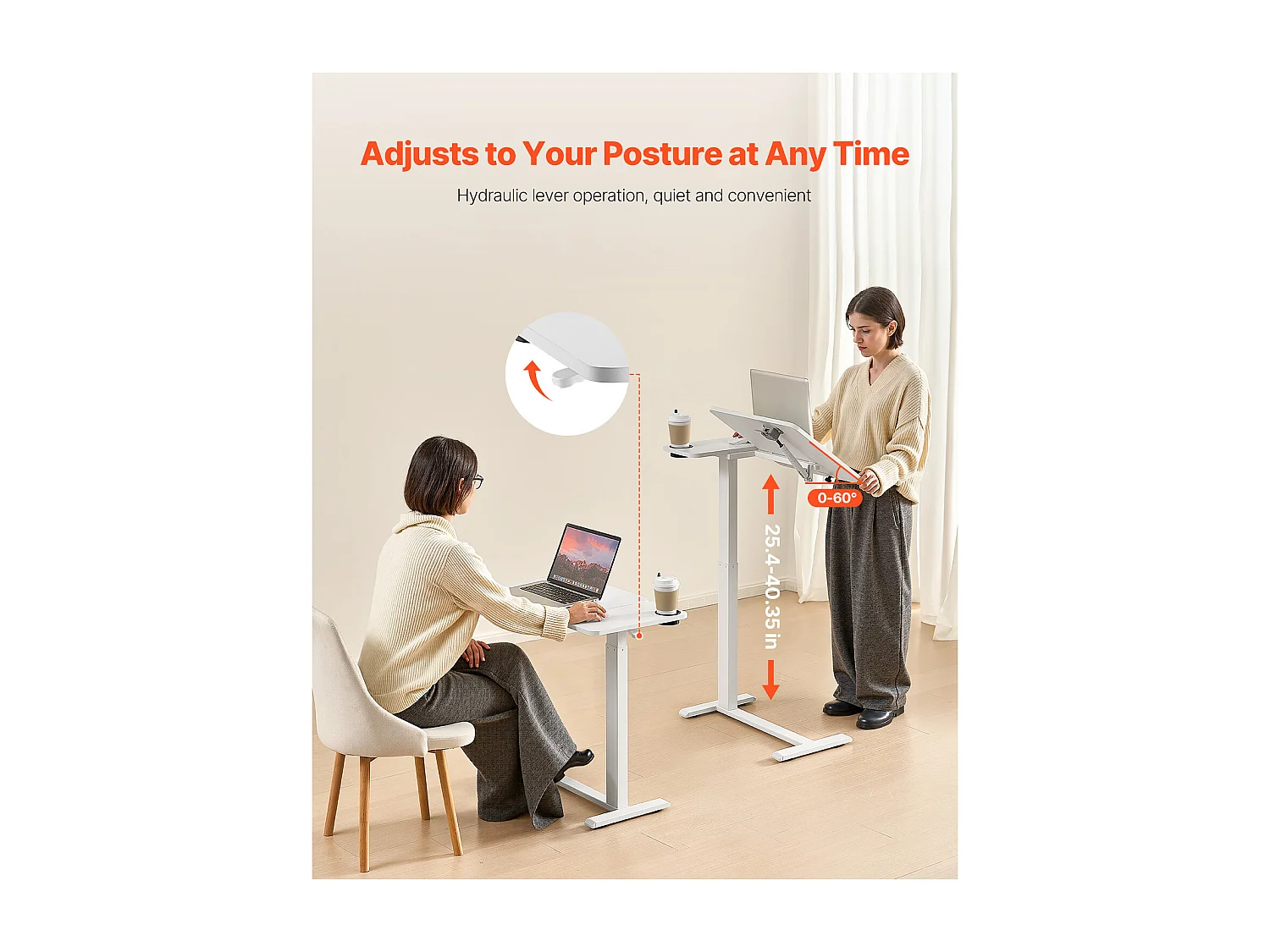 Mobiele Bedtafel SucceBuy, 4 Verborgen Wieltjes, Neerklapbaar Blad, In Hoogte Verstelbaar, Bekerhouder, voor Thuis en op Kantoor, Hout en Wit