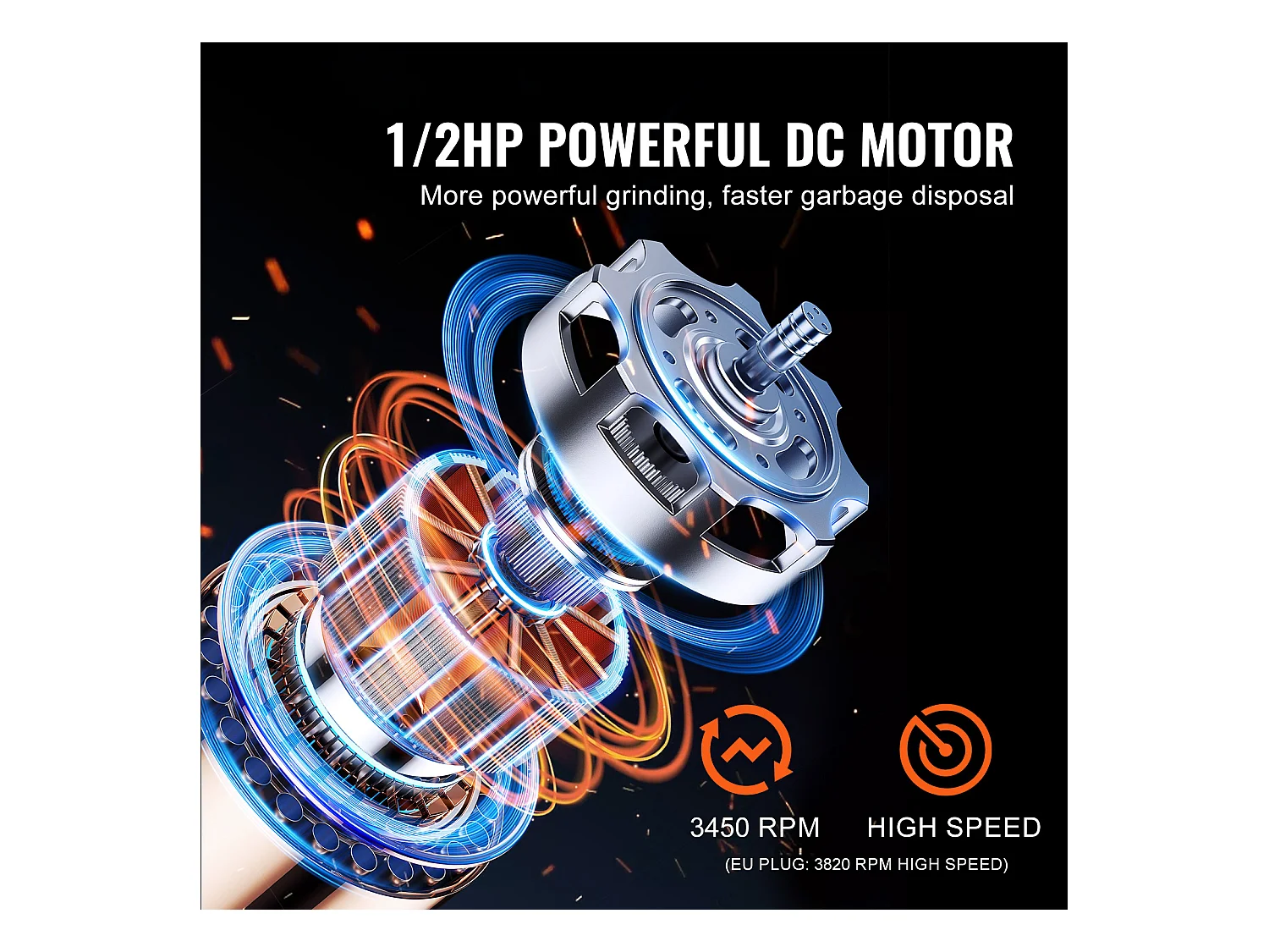 Młynek do Odpadów SucceBuy do Zlewu Kuchennego, 1/2 KM, System Mielenia Odpadów Spożywczych, 3820 obr/min, z Kablem Zasilającym