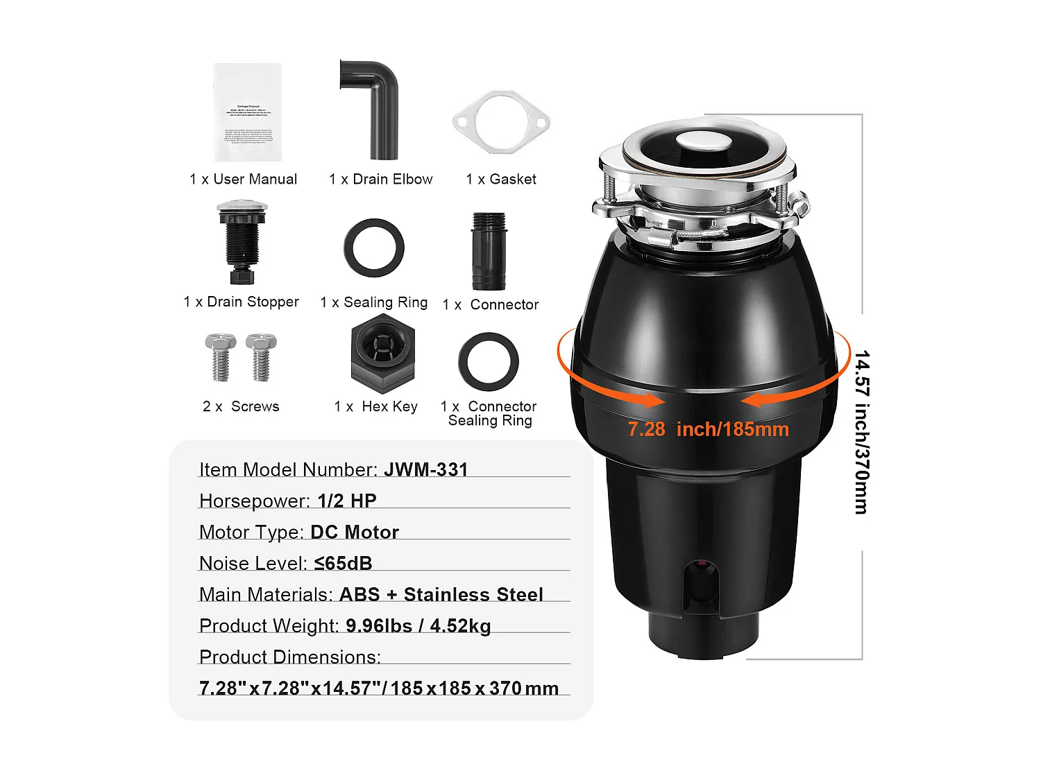 Broyeur de Déchets SucceBuy pour Évier de Cuisine, 1/2 CV, Système de Broyage des Déchets Alimentaire, 3820 tr/min, avec Câble d'Alimentation