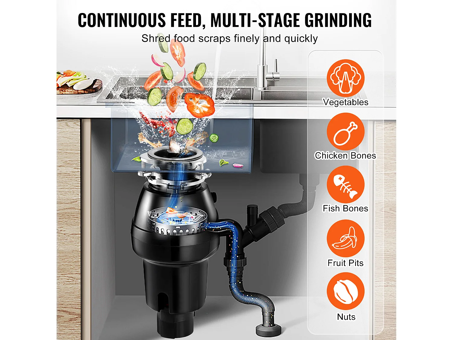 Broyeur de Déchets SucceBuy pour Évier de Cuisine, 1/2 CV, Système de Broyage des Déchets Alimentaire, 3820 tr/min, avec Câble d'Alimentation