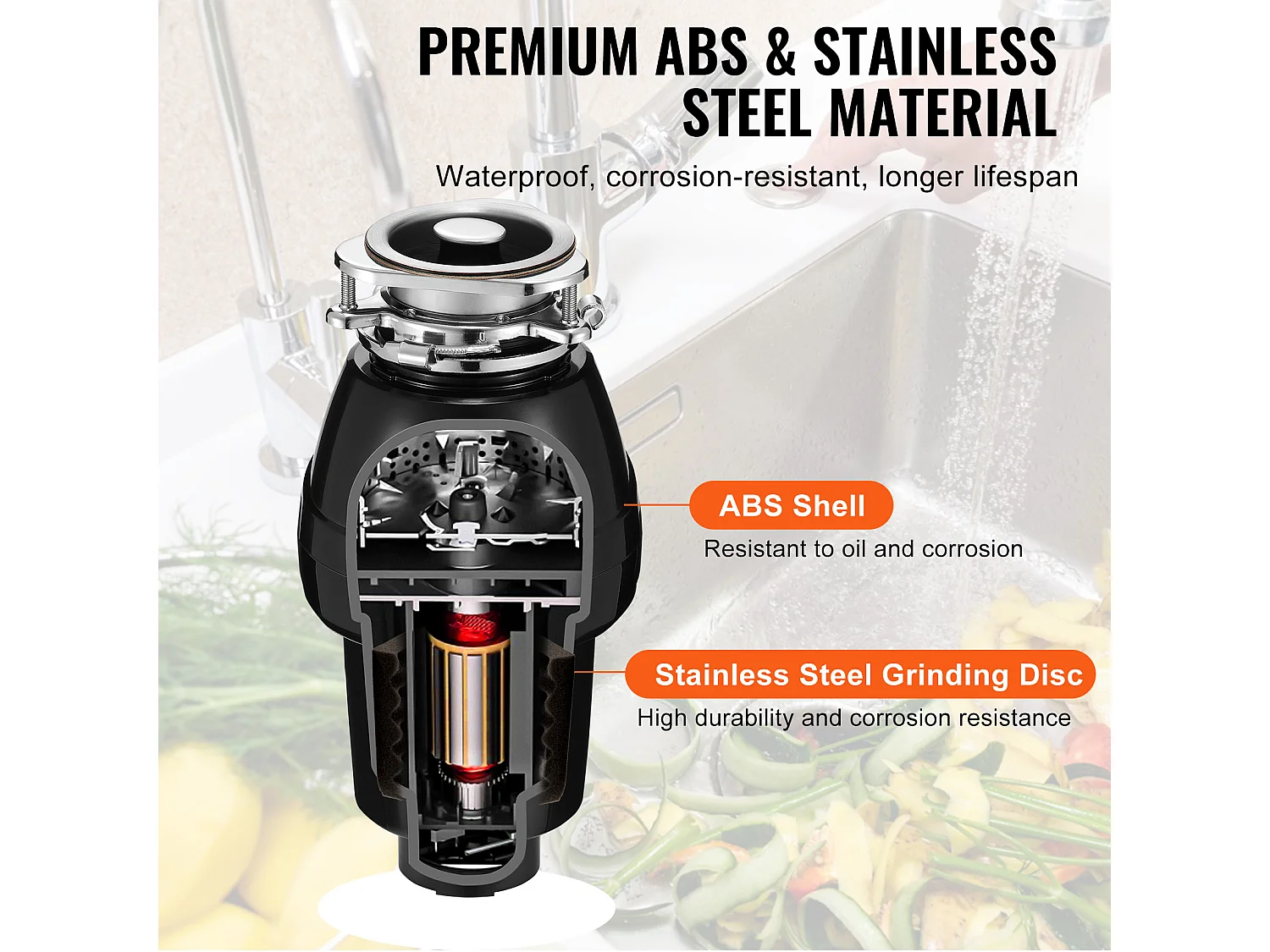 Broyeur de Déchets SucceBuy pour Évier de Cuisine, 1/2 CV, Système de Broyage des Déchets Alimentaire, 3820 tr/min, avec Câble d'Alimentation