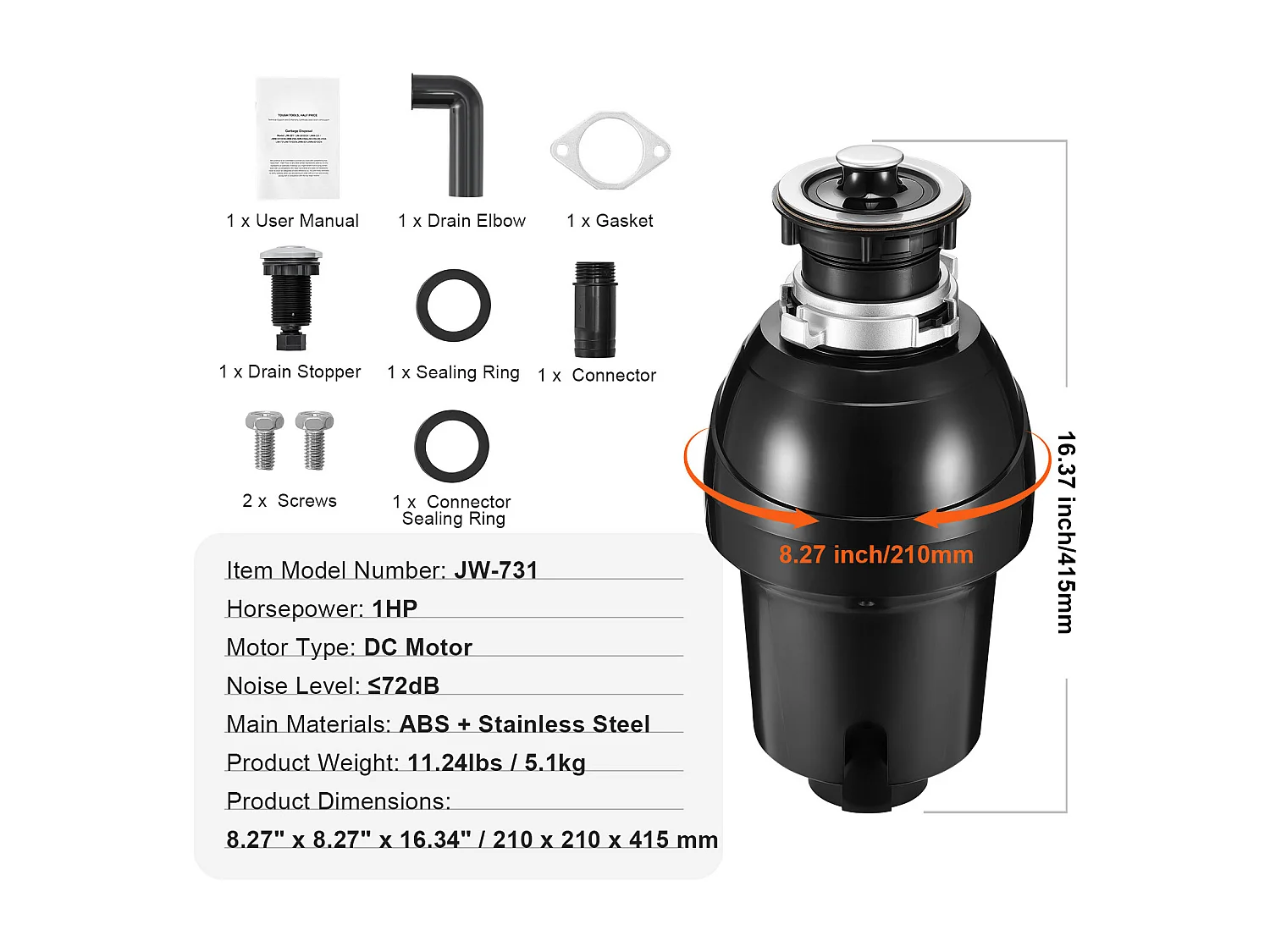 Triturador de Residuos SucceBuy, 1CV, Sistema de Trituración de Residuos de Alimentos con Montaje EZ,3960 rpm,Equipado con Cable de Alimentación