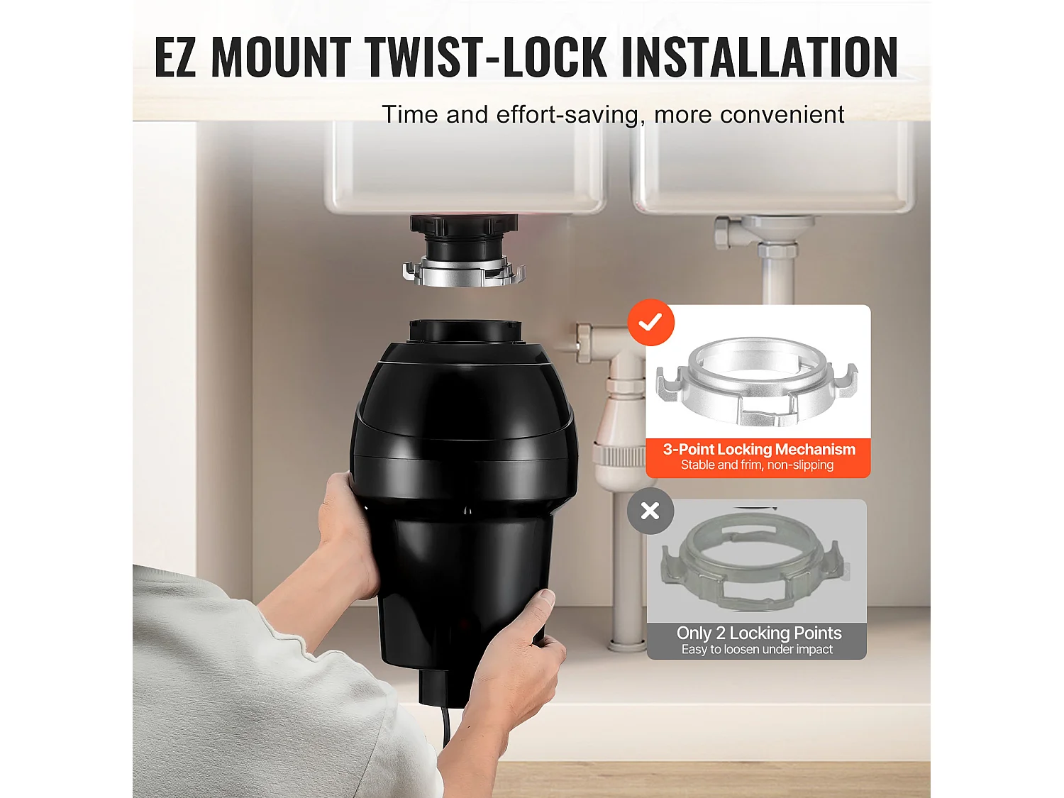 Triturador de Residuos SucceBuy, 1CV, Sistema de Trituración de Residuos de Alimentos con Montaje EZ,3960 rpm,Equipado con Cable de Alimentación