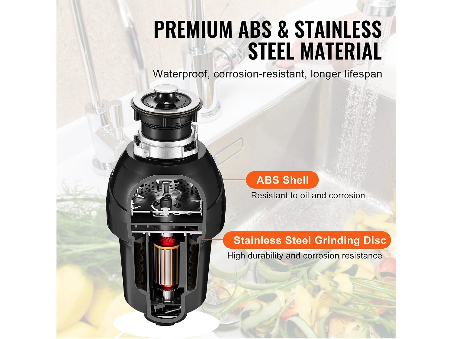 Triturador de Residuos SucceBuy, 1CV, Sistema de Trituración de Residuos de Alimentos con Montaje EZ,3960 rpm,Equipado con Cable de Alimentación