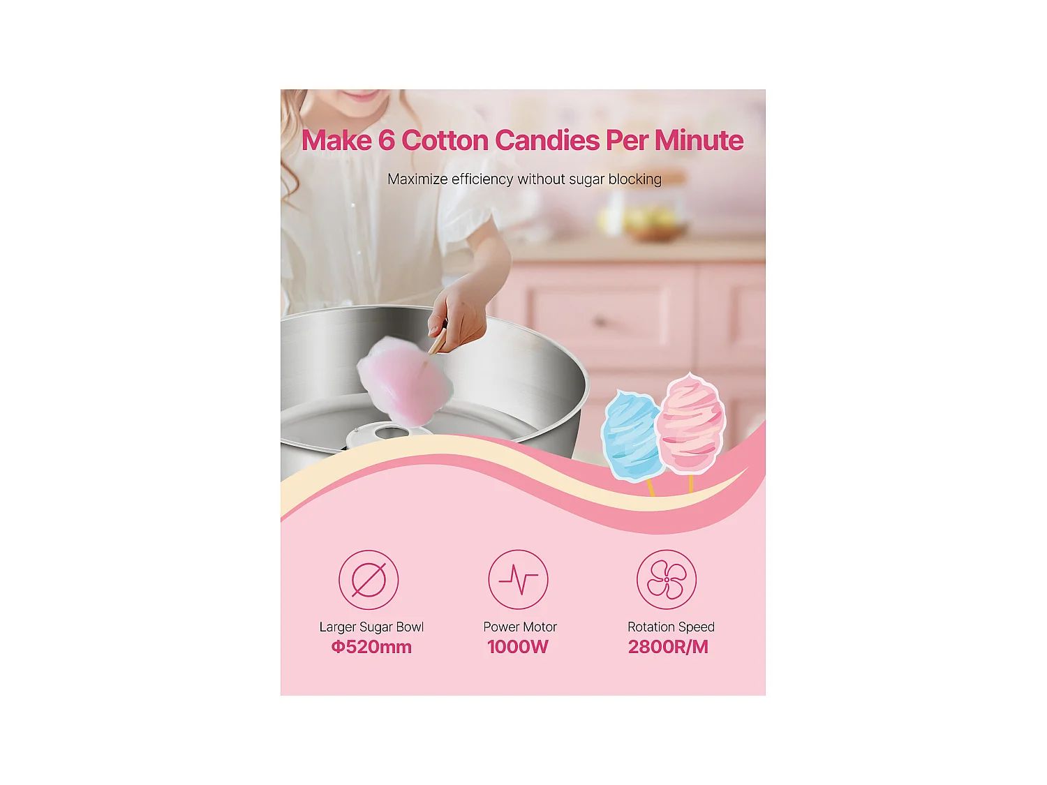 Machine à Barbe à Papa Électrique SucceBuy Appareil Commercial avec Bol en Acier Inoxydable de 52 cm Cuillère à Sucre et Tiroir, Bleu, 1000 W