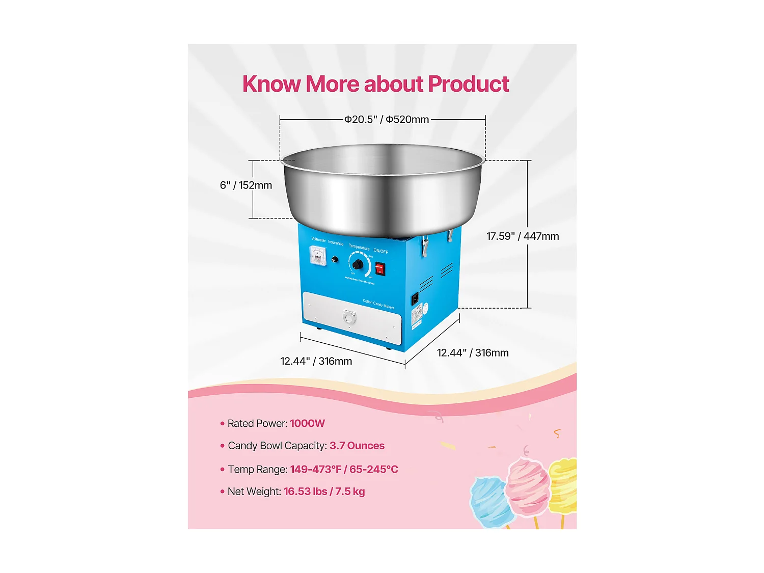 Machine à Barbe à Papa Électrique SucceBuy Appareil Commercial avec Bol en Acier Inoxydable de 52 cm Cuillère à Sucre et Tiroir, Bleu, 1000 W