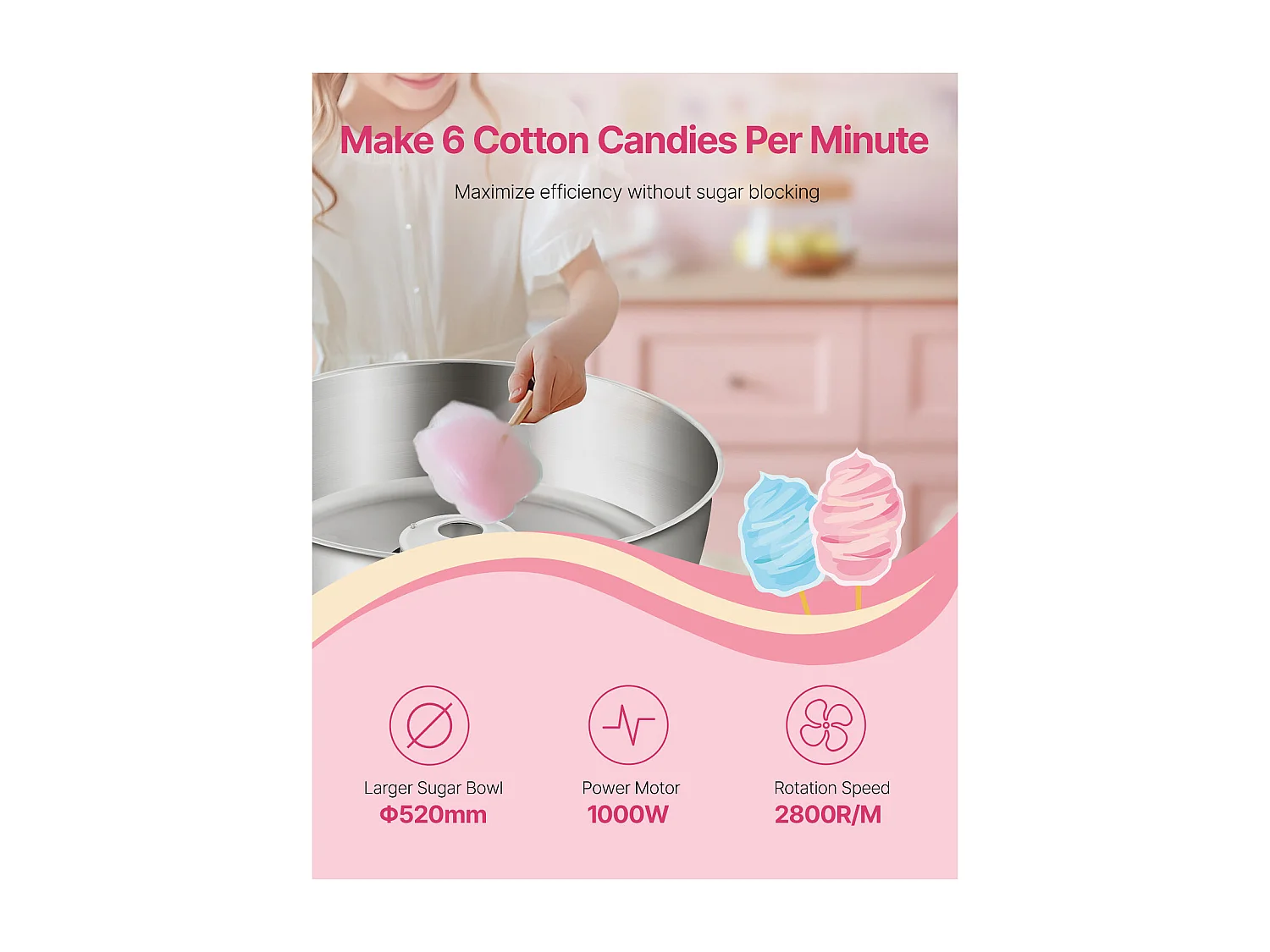 Machine à Barbe à Papa Électrique SucceBuy Appareil Commercial avec Bol en Acier Inoxydable de 52 cm Cuillère à Sucre et Tiroir, Bleu, 1000 W