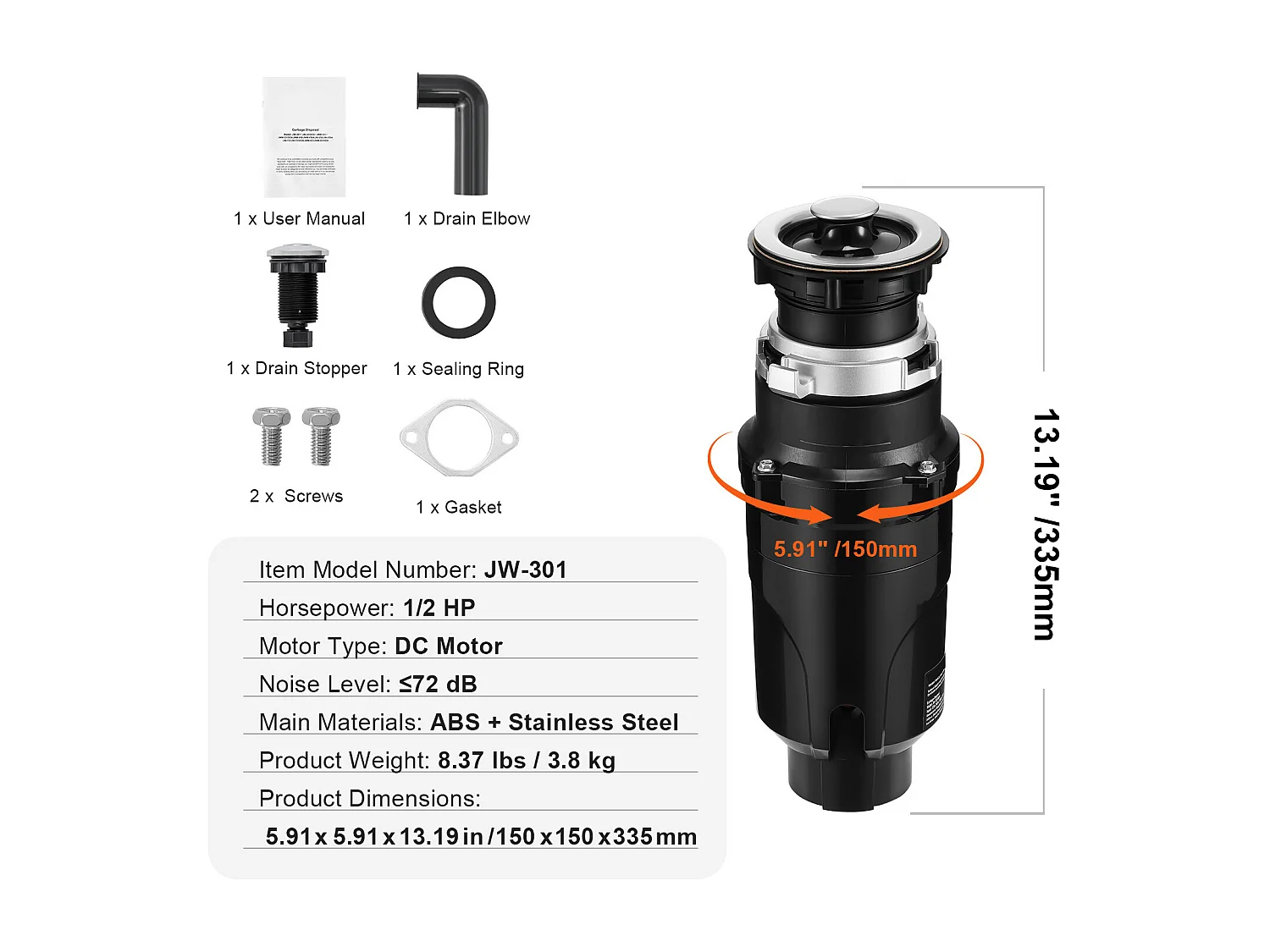 Broyeur SucceBuy Broyeur de Déchets de Cuisine, 1/2 CV, Système de Broyage des Déchets Alimentaires, 3820 tr/min, avec Cordon d'Alimentation